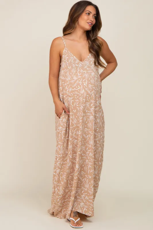 Taupe Leaf Print Double V-Neck Maternity Maxi Dress sold by Pinkblush