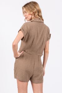 Taupe Gauze Button Up Front Pocket Romper sold by Pinkblush