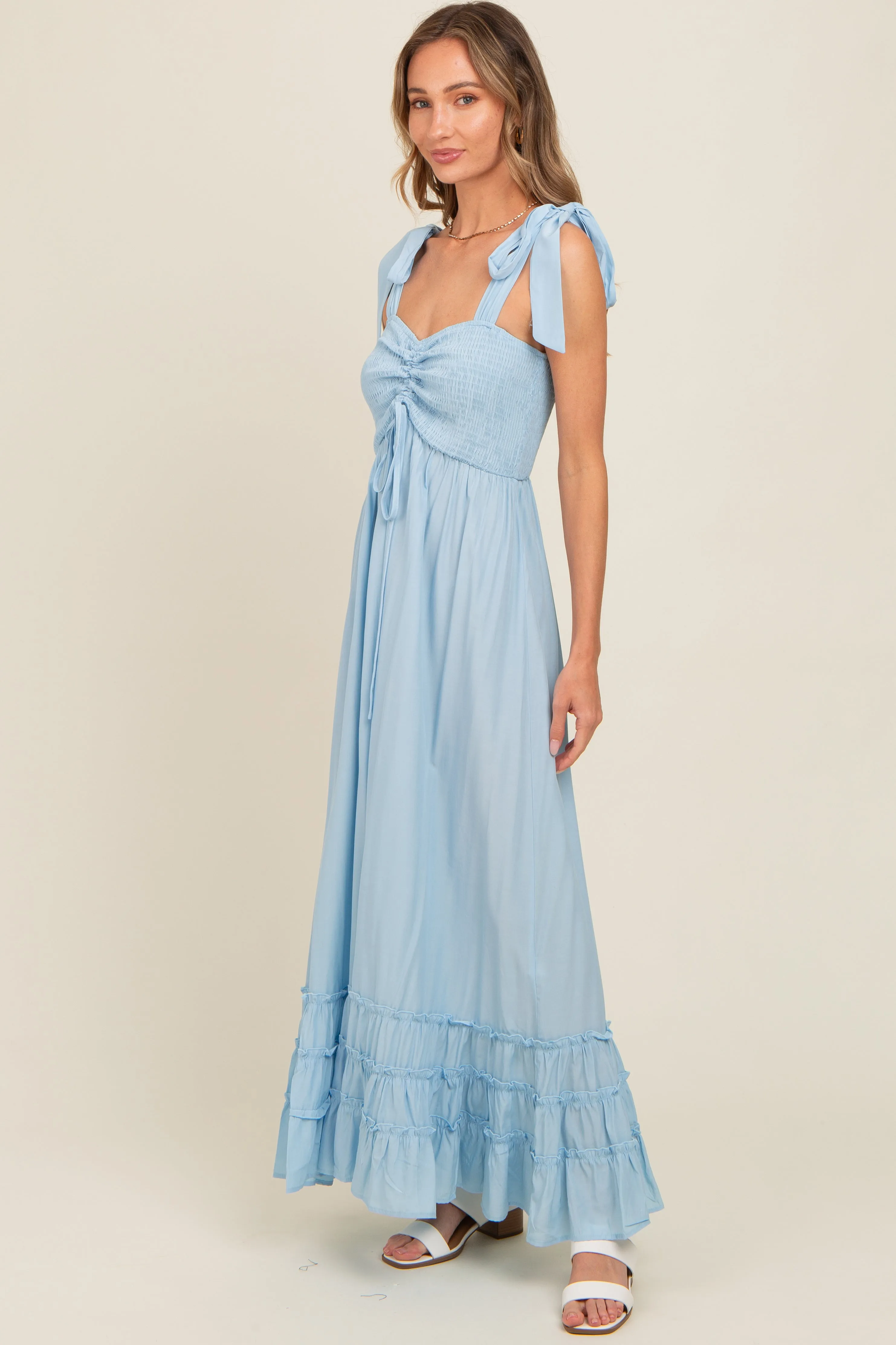 Light Blue Sweetheart Neck Smocked Shoulder Tie Maxi Dress sold by Pinkblush product image thumbnail 2