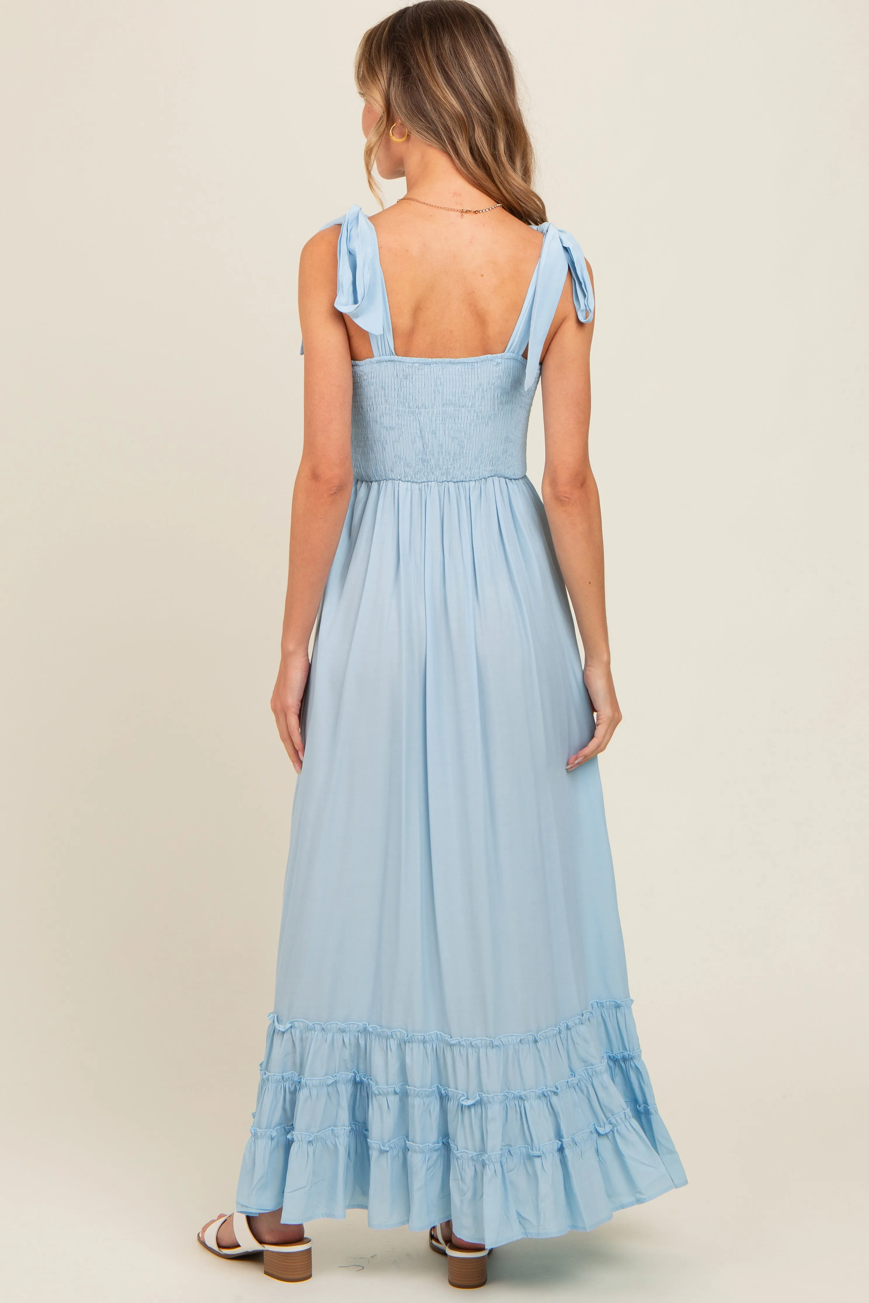 Light Blue Sweetheart Neck Smocked Shoulder Tie Maxi Dress sold by Pinkblush product image thumbnail 3
