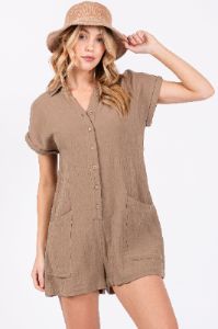 Taupe Gauze Button Up Front Pocket Romper sold by Pinkblush