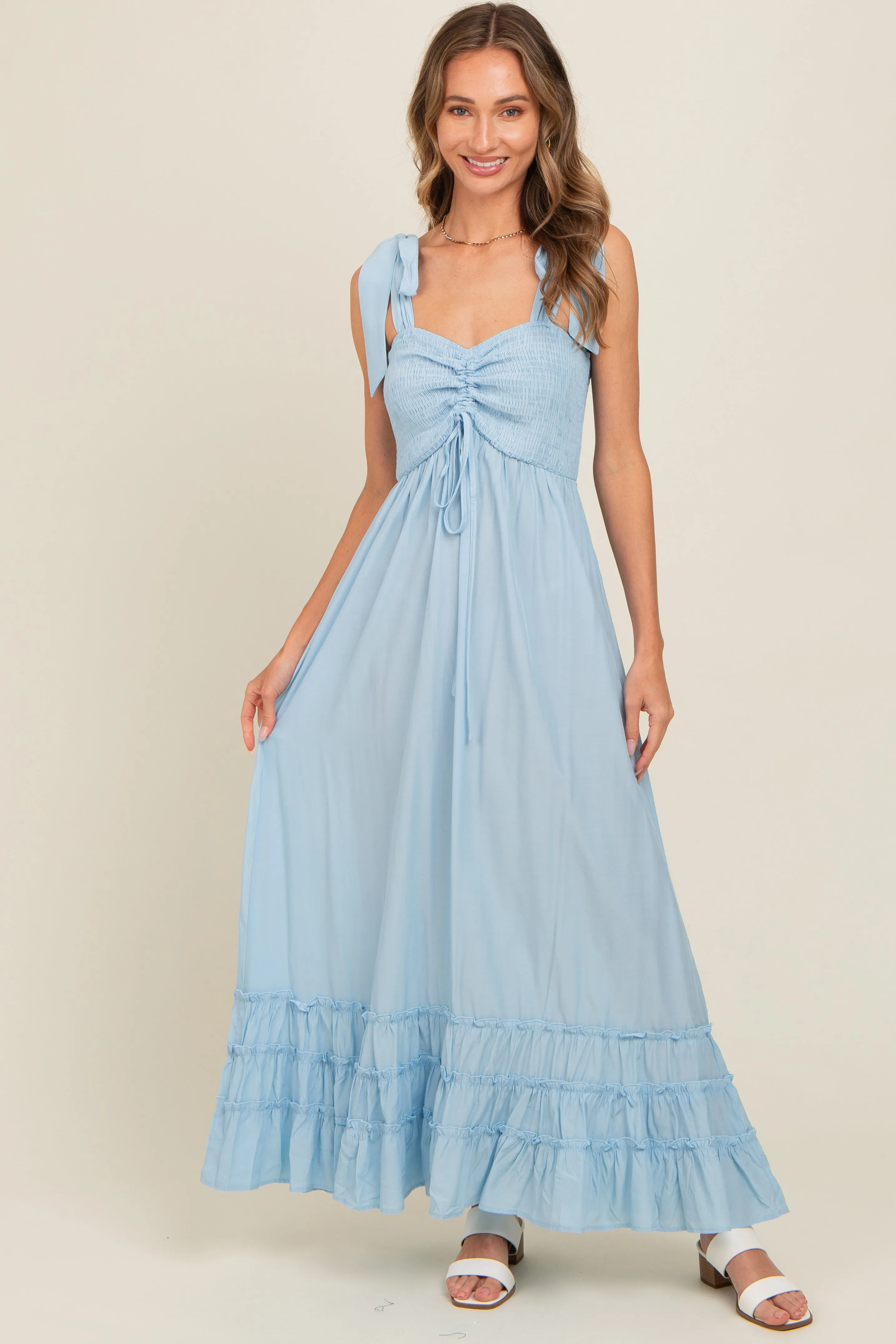 Light Blue Sweetheart Neck Smocked Shoulder Tie Maxi Dress sold by Pinkblush