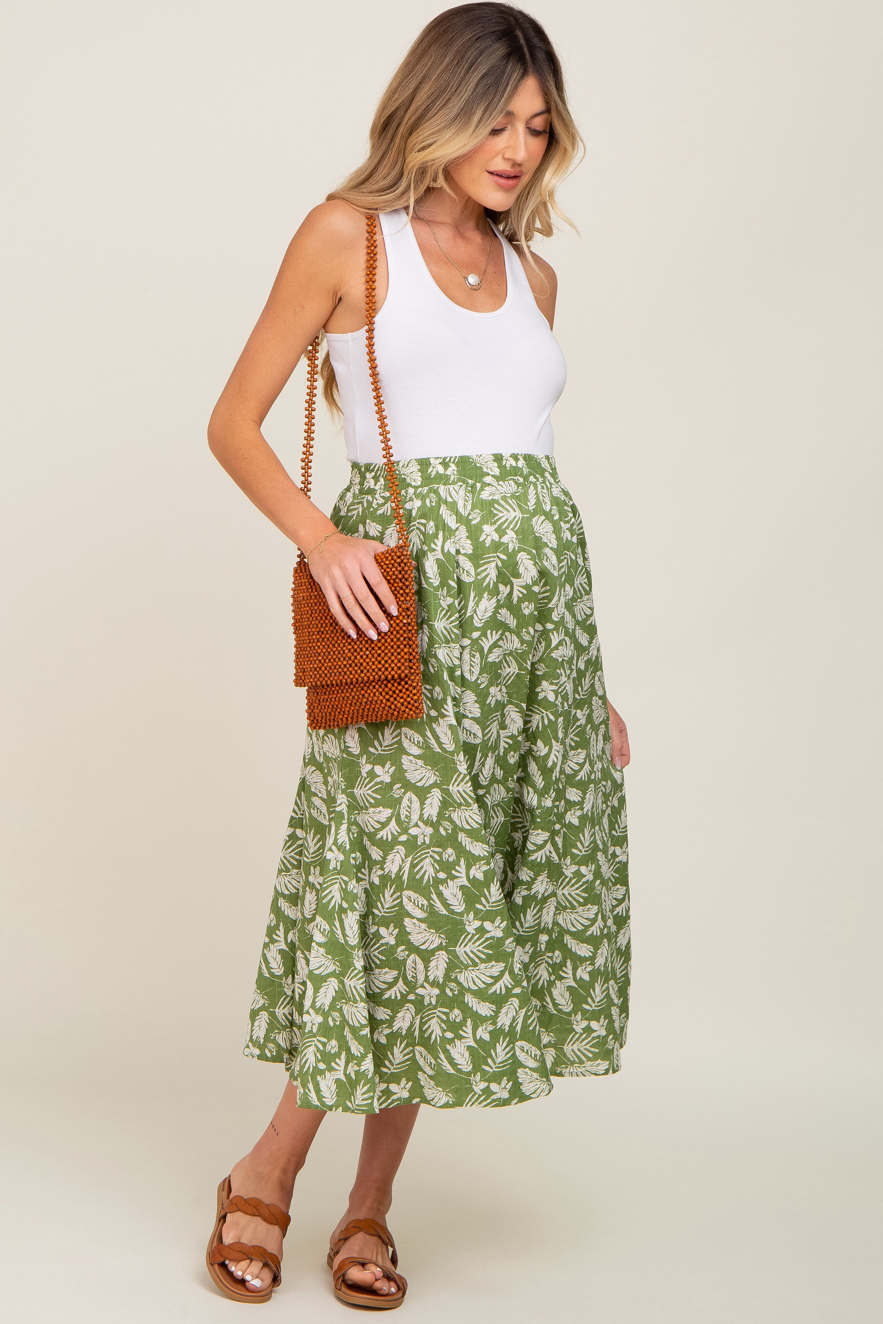 Green Floral Pleated Maternity Midi Skirt sold by Pinkblush