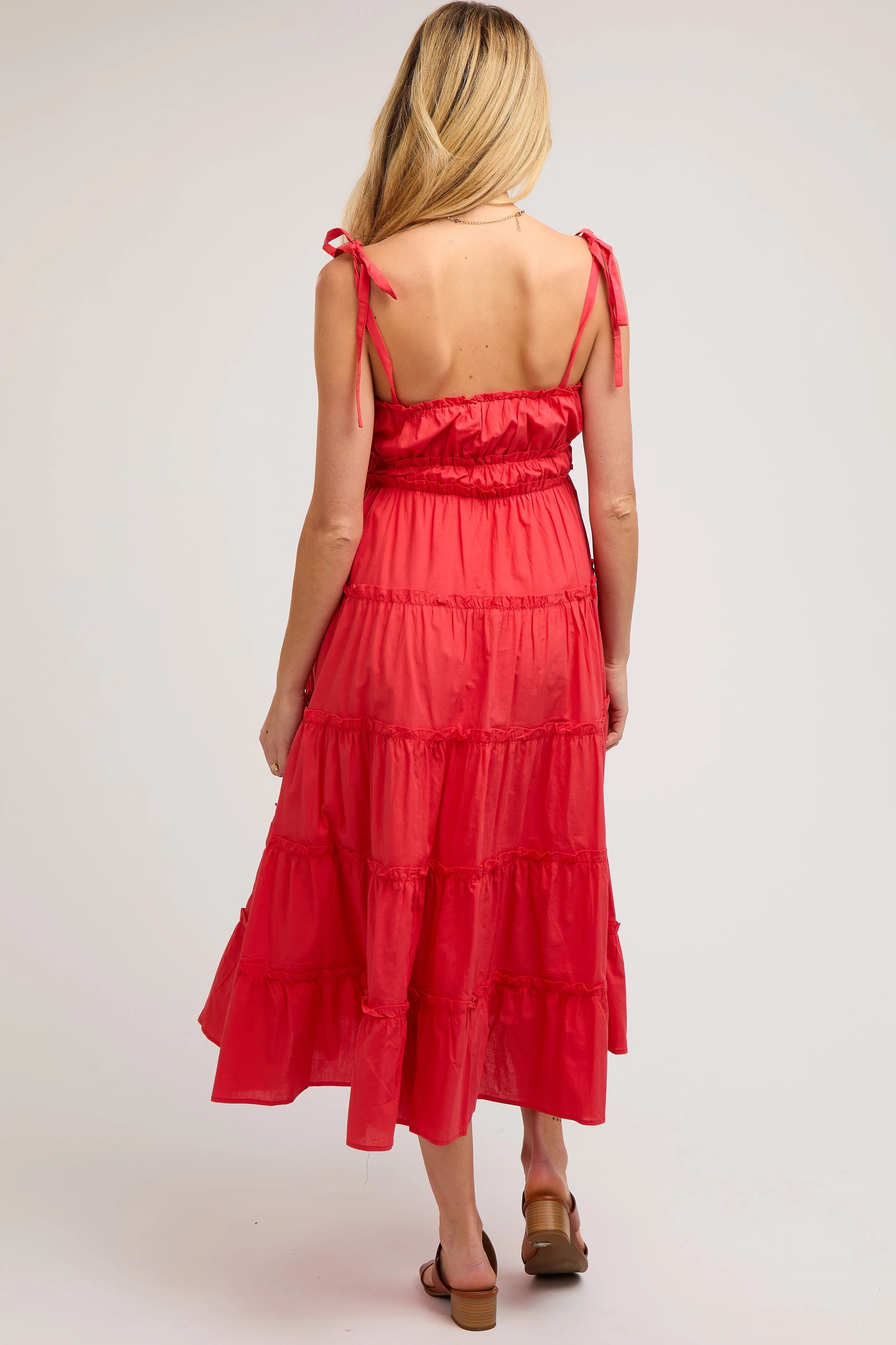 Red Tiered Tie Strap Maternity Midi Dress sold by Pinkblush product image thumbnail 5