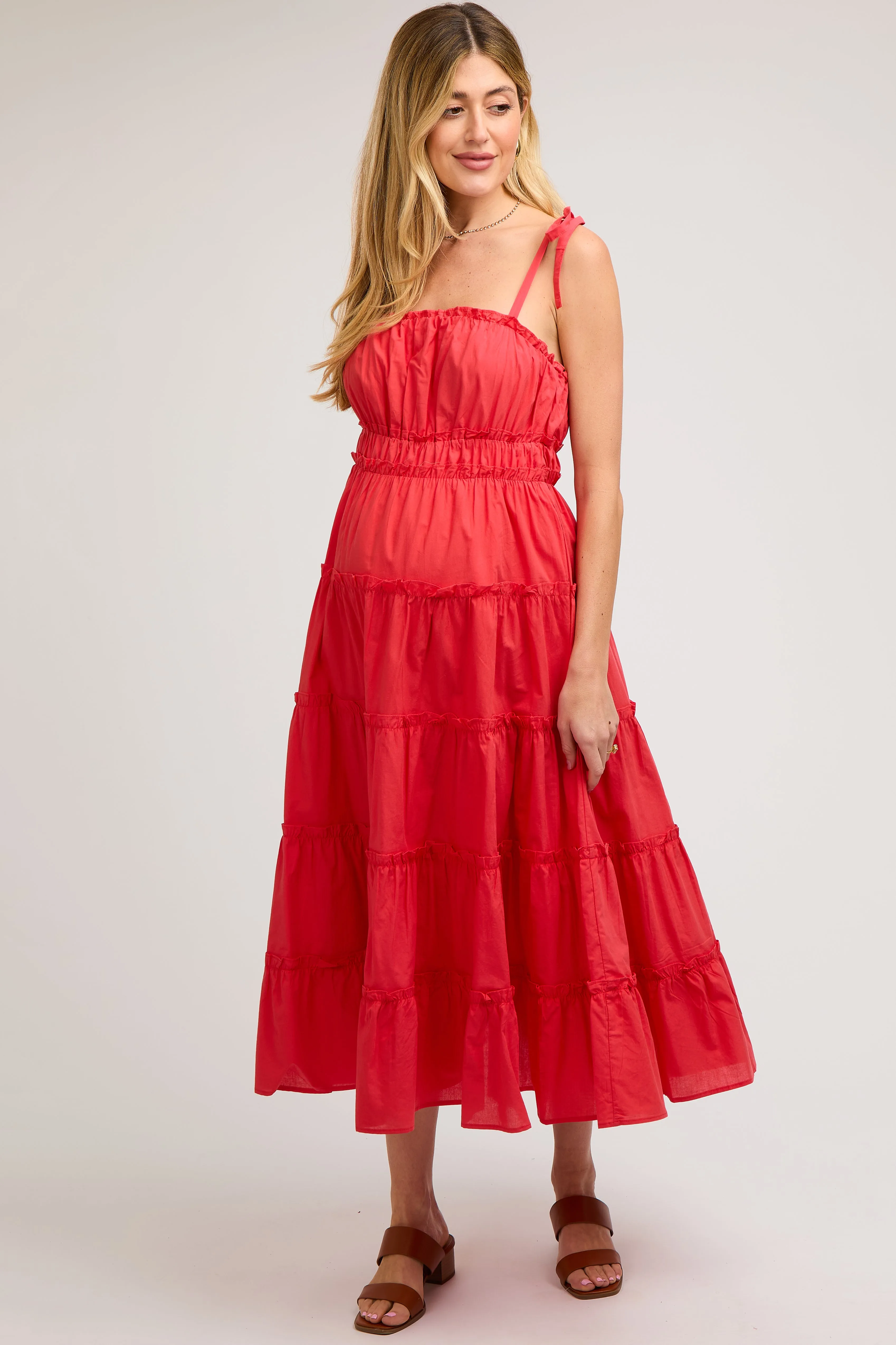 Red Tiered Tie Strap Maternity Midi Dress sold by Pinkblush product image thumbnail 2