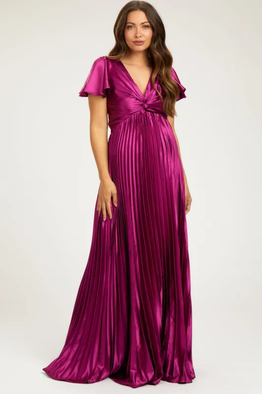 Magenta Short Sleeve Pleated Tie Back Maternity Maxi Dress sold by Pinkblush