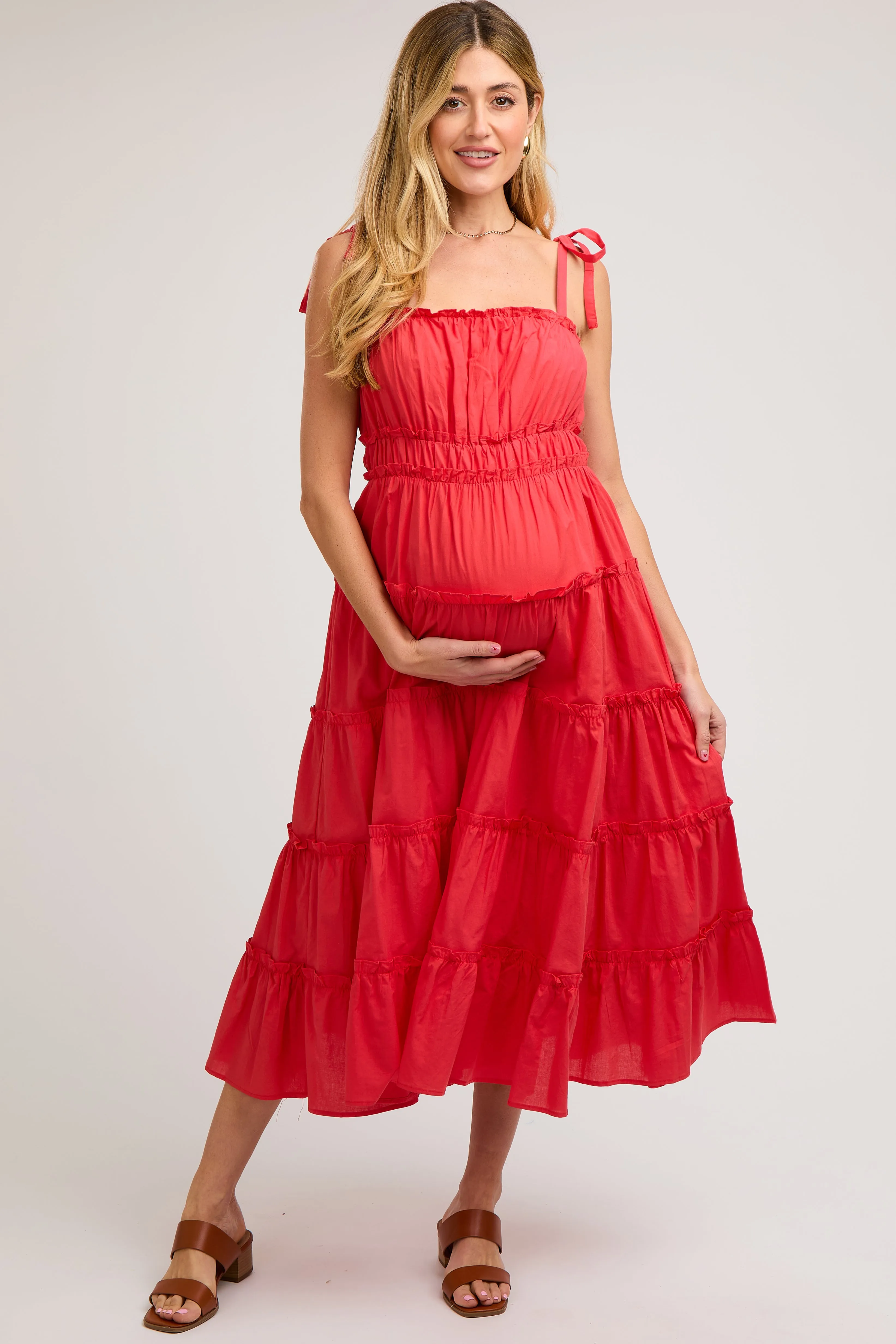 Red Tiered Tie Strap Maternity Midi Dress sold by Pinkblush product image thumbnail 3