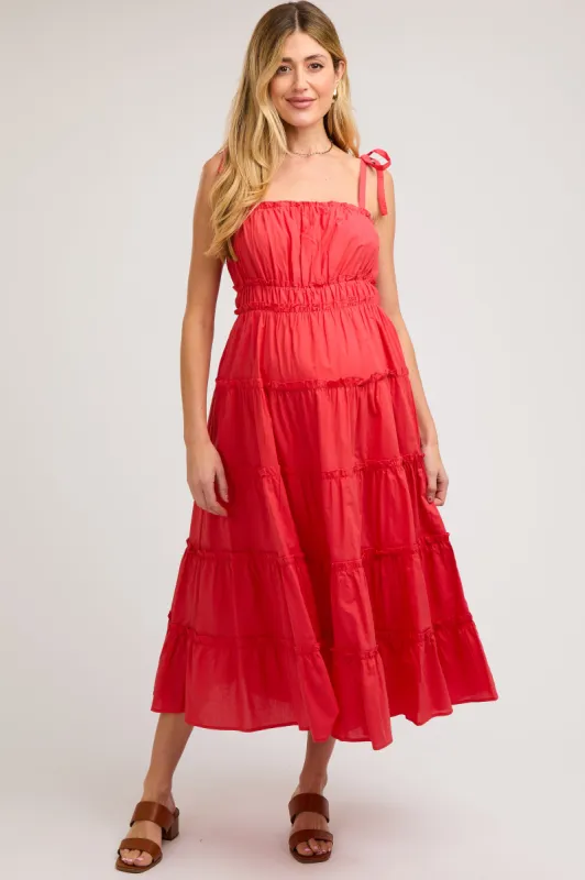 Red Tiered Tie Strap Maternity Midi Dress sold by Pinkblush