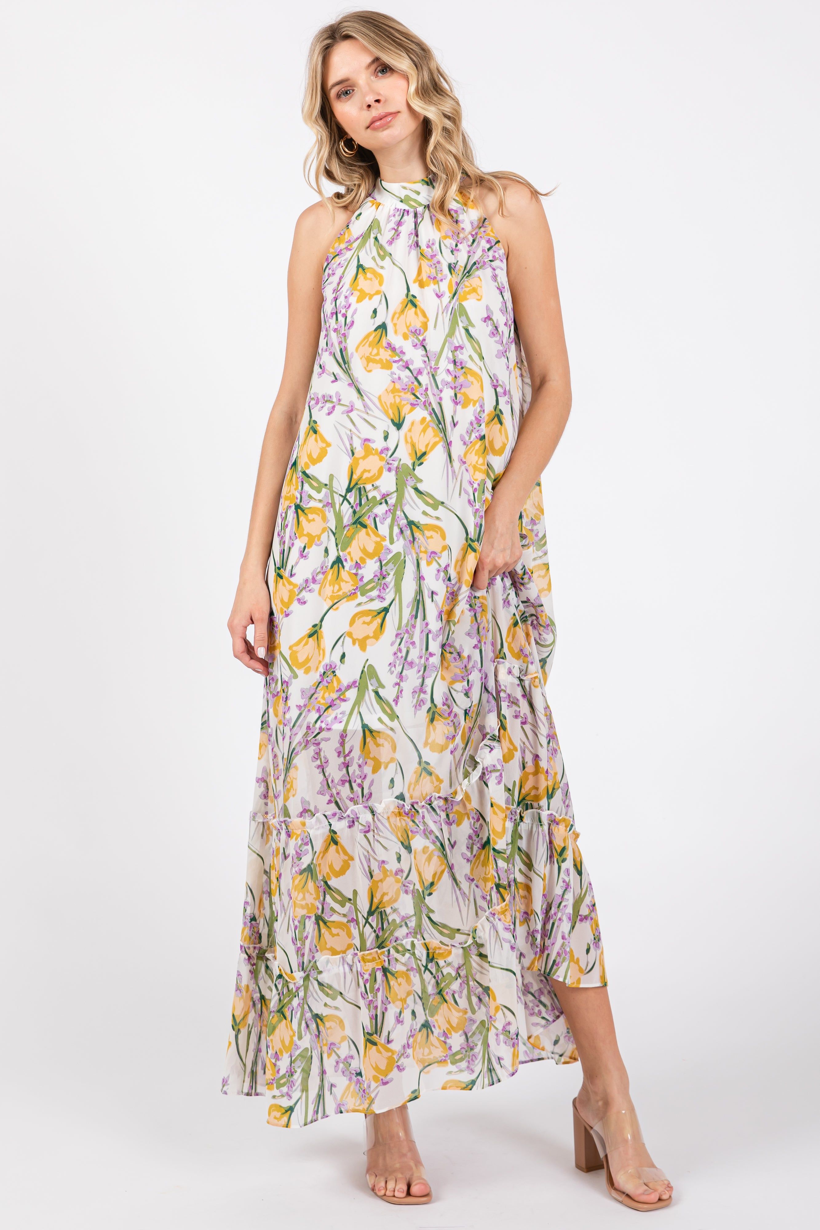 White Floral Halter Maxi Dress sold by Pinkblush