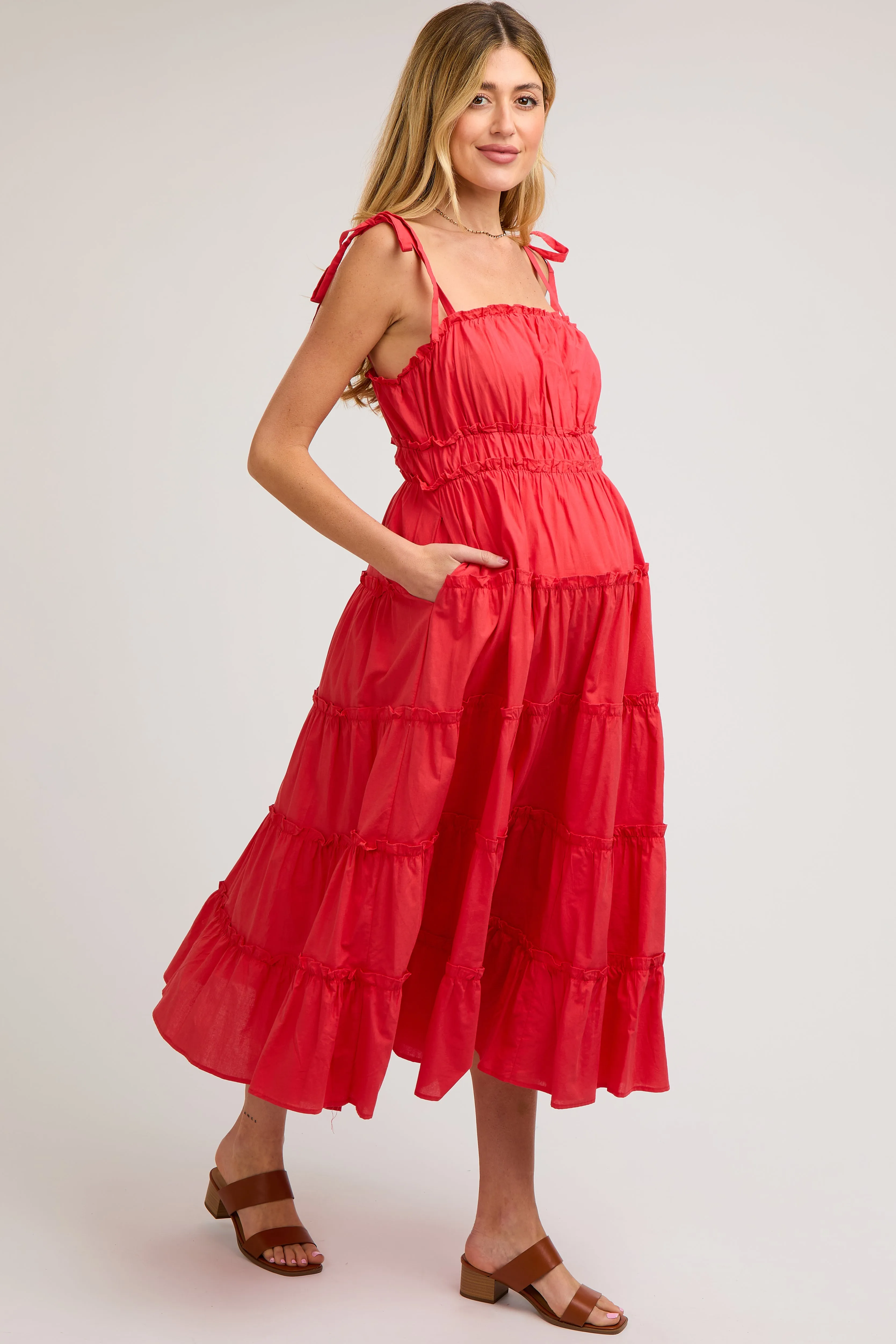 Red Tiered Tie Strap Maternity Midi Dress sold by Pinkblush product image thumbnail 4