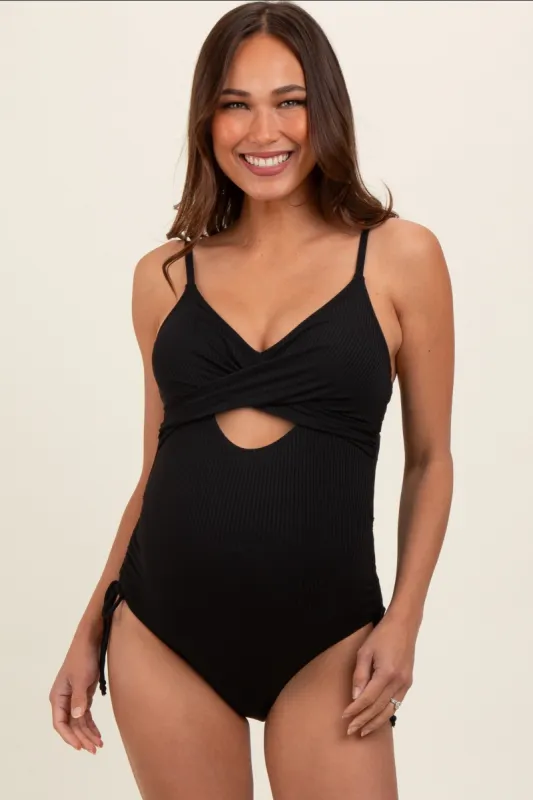 Black Ribbed Wrap Front Drawstring Side Maternity One-Piece Swimsuit sold by Pinkblush