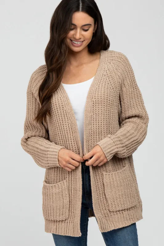 Taupe Ribbed Cable Knit Cardigan sold by Pinkblush