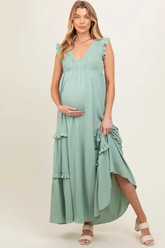 Light Olive Smocked Ruffle V-Neck Maternity Maxi Dress sold by Pinkblush