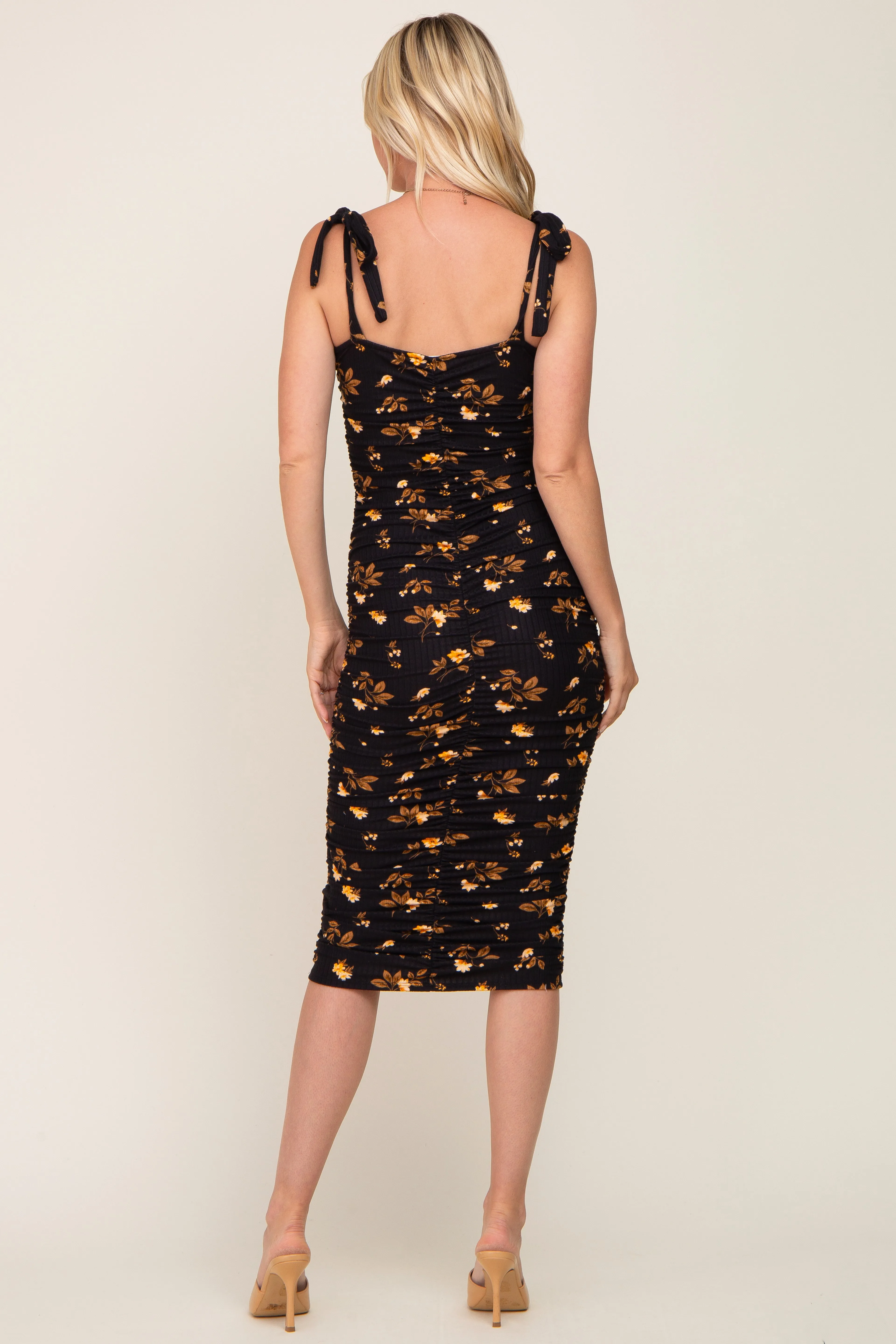 Black Floral Ruched Shoulder Tie Midi Dress sold by Pinkblush product image thumbnail 3