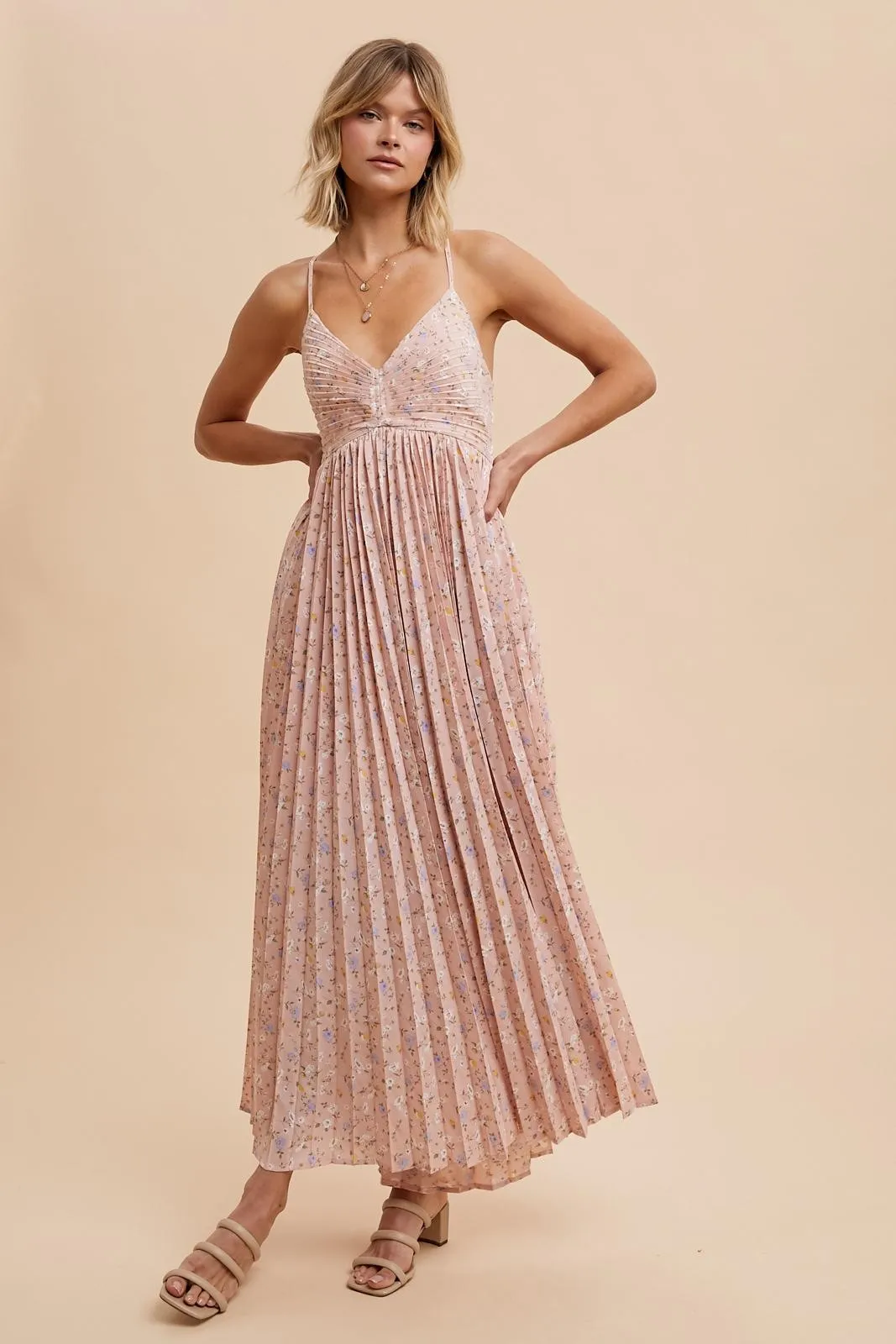Light Pink Floral Pleated Back Cutout Maxi Dress sold by Pinkblush product image thumbnail 2