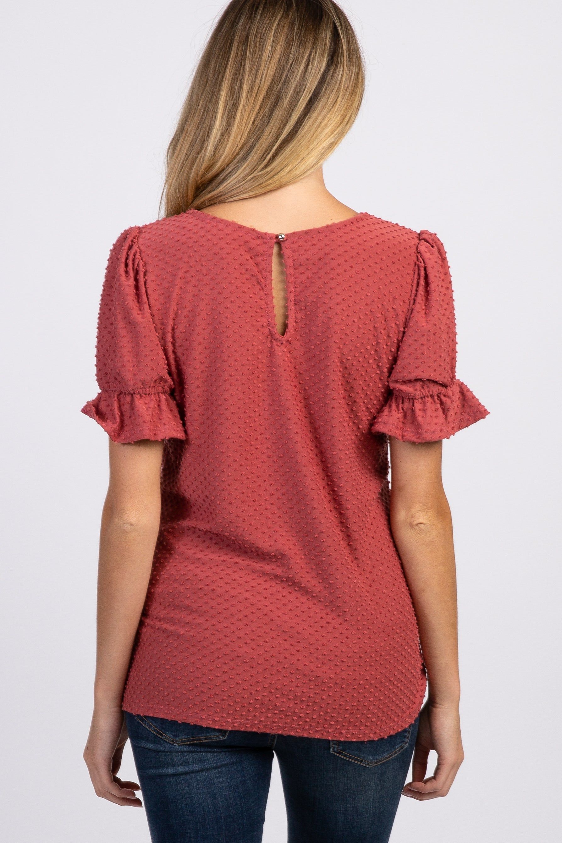 Mauve Swiss Dot Puff Ruffle Short Sleeve Maternity Top sold by Pinkblush product image thumbnail 3