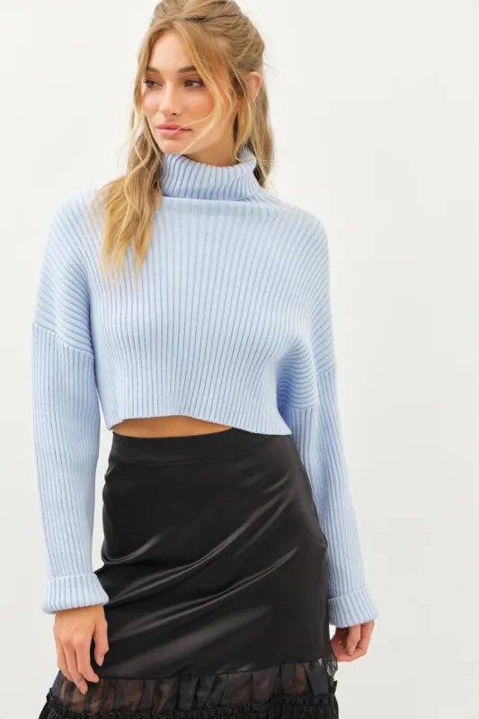 Light Blue Relaxed Fit Turtle Neck Crop Sweater sold by Pinkblush