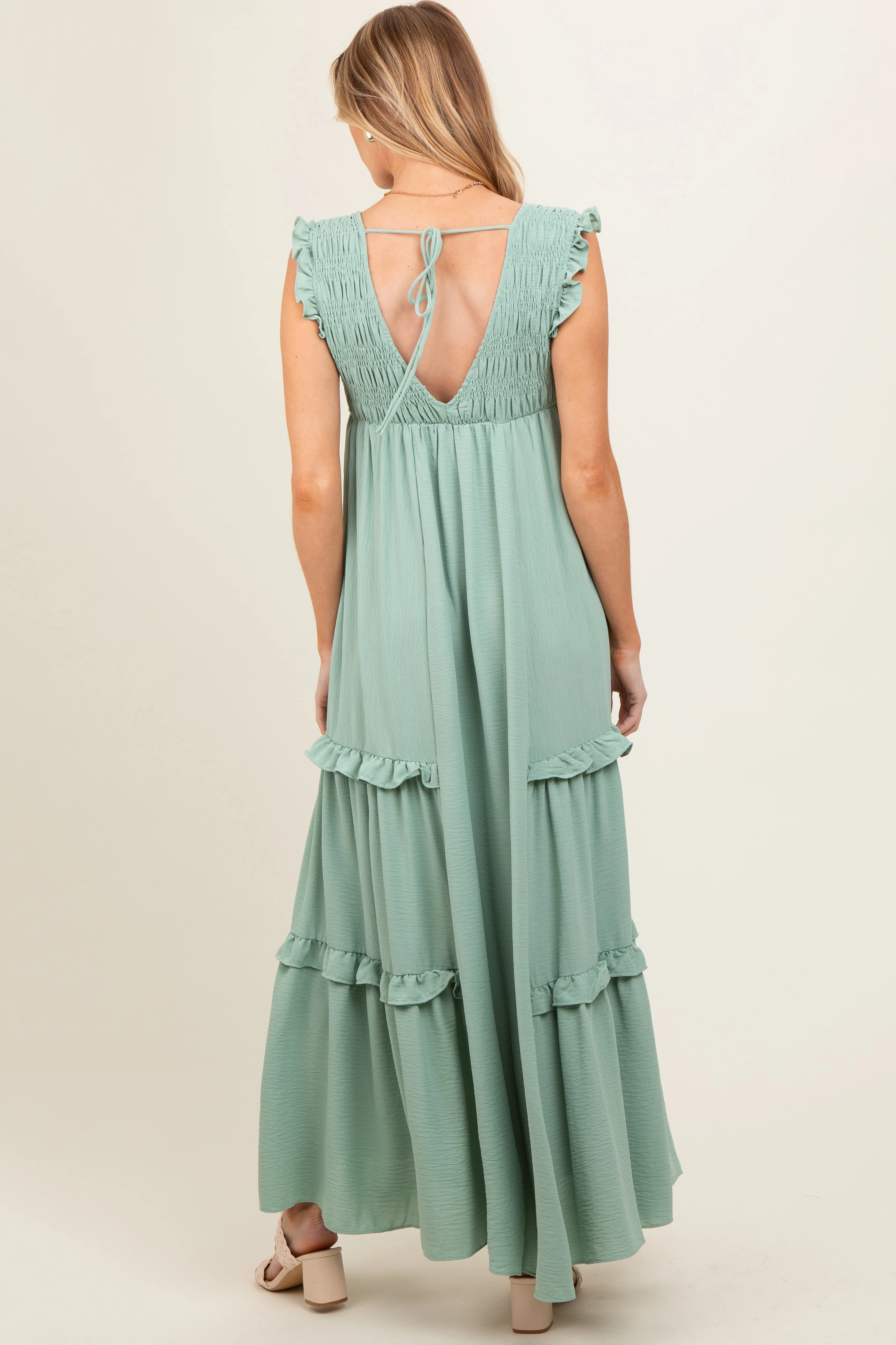 Light Olive Smocked Ruffle V-Neck Maternity Maxi Dress sold by Pinkblush product image thumbnail 2