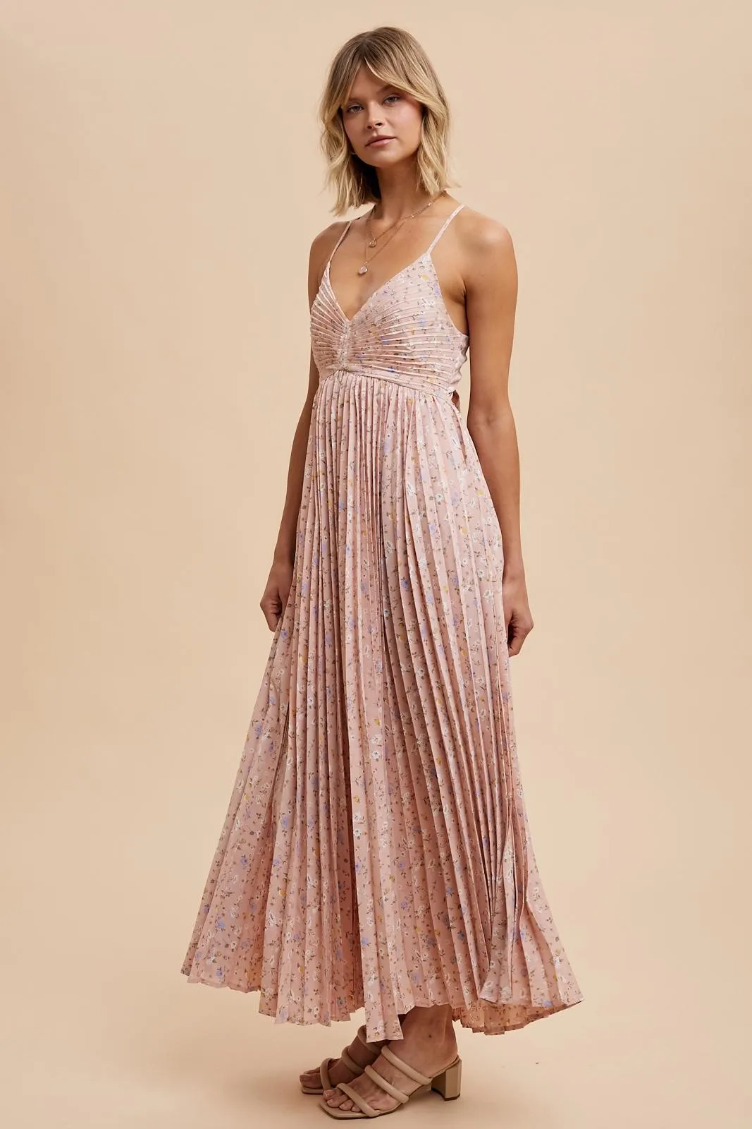 Light Pink Floral Pleated Back Cutout Maxi Dress sold by Pinkblush product image thumbnail 3
