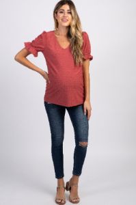 Mauve Swiss Dot Puff Ruffle Short Sleeve Maternity Top sold by Pinkblush