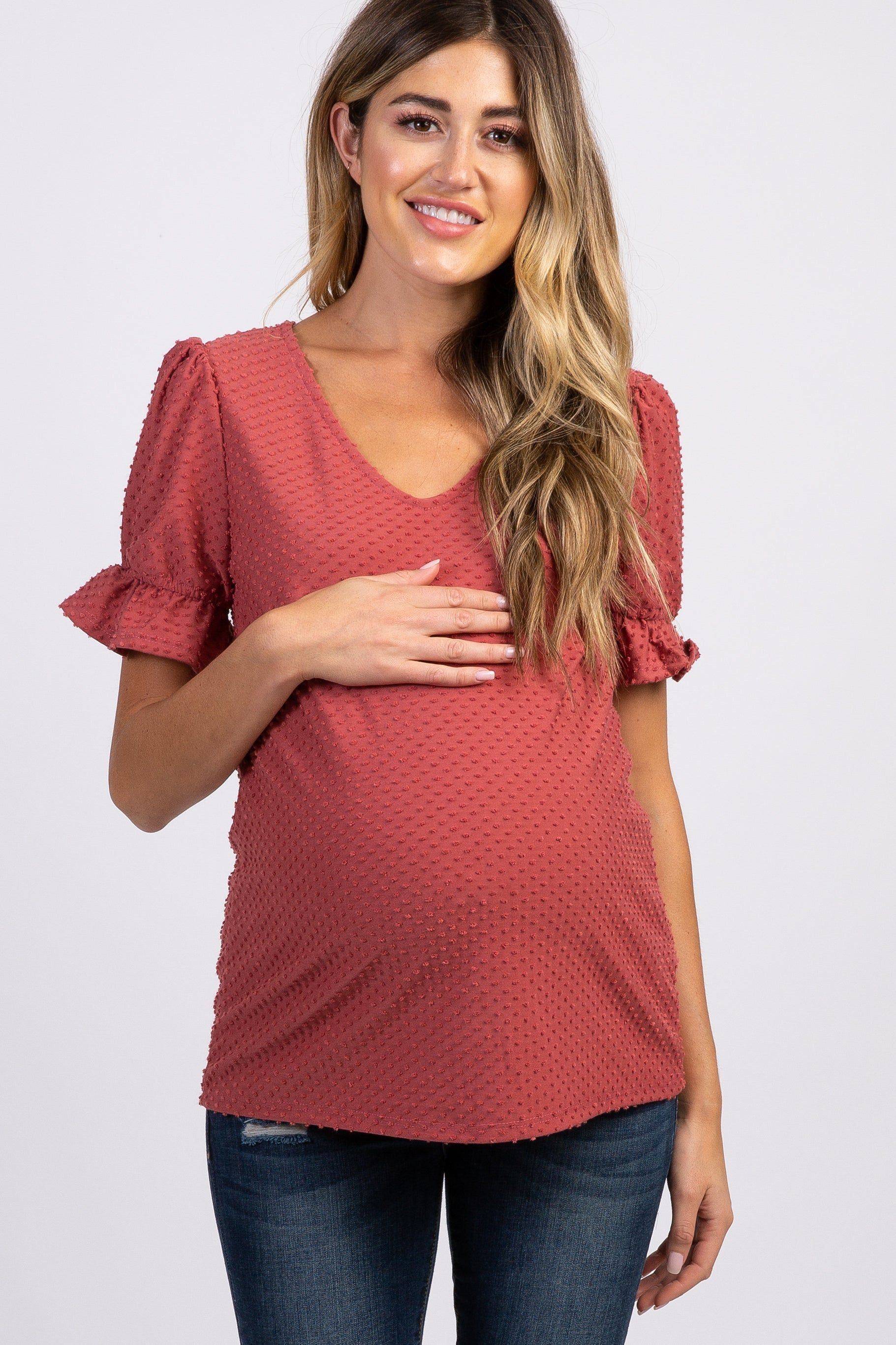Mauve Swiss Dot Puff Ruffle Short Sleeve Maternity Top sold by Pinkblush