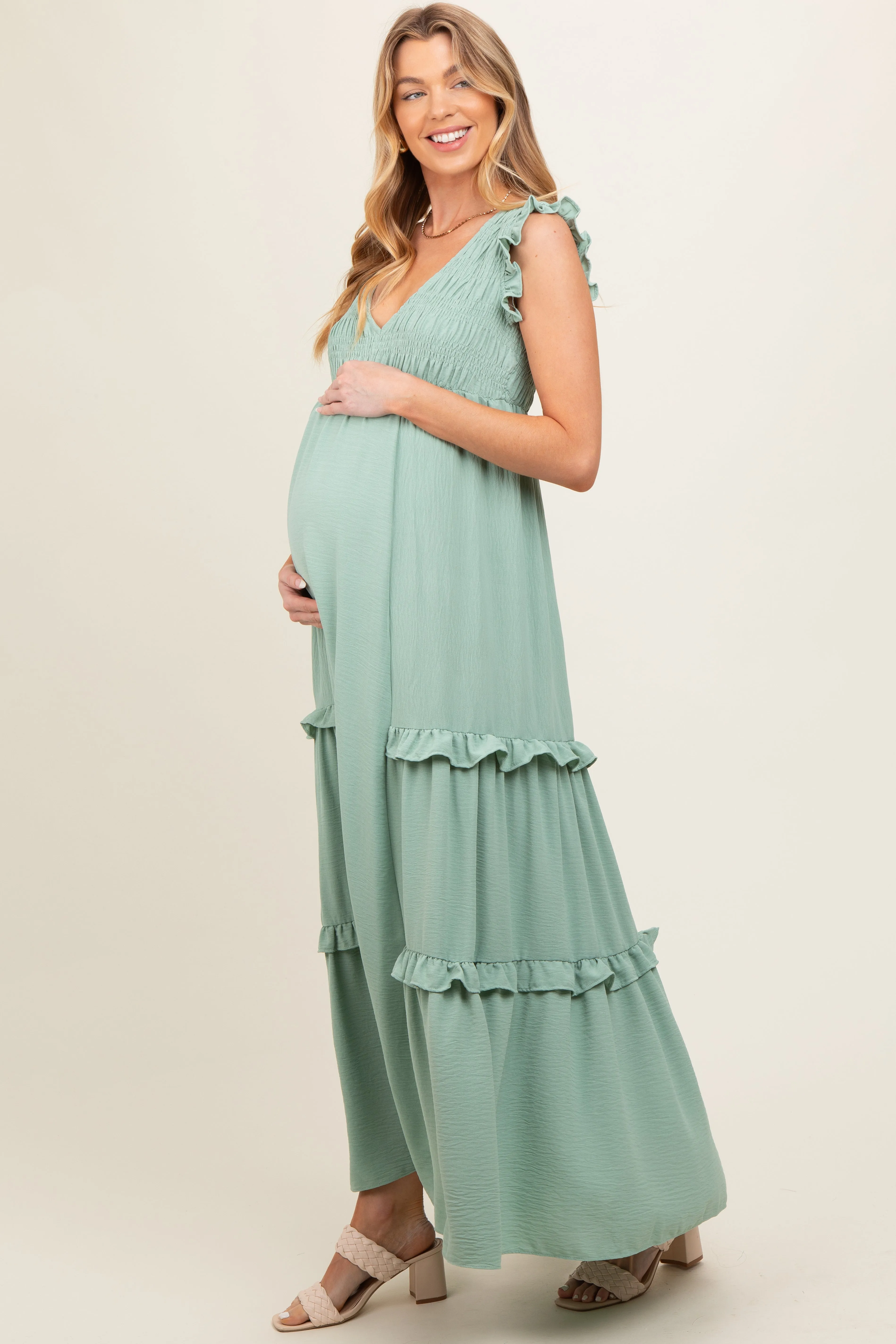 Light Olive Smocked Ruffle V-Neck Maternity Maxi Dress sold by Pinkblush product image thumbnail 3