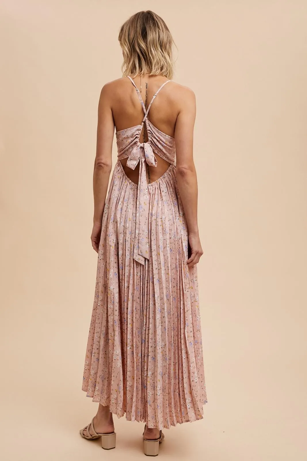 Light Pink Floral Pleated Back Cutout Maxi Dress sold by Pinkblush product image thumbnail 4