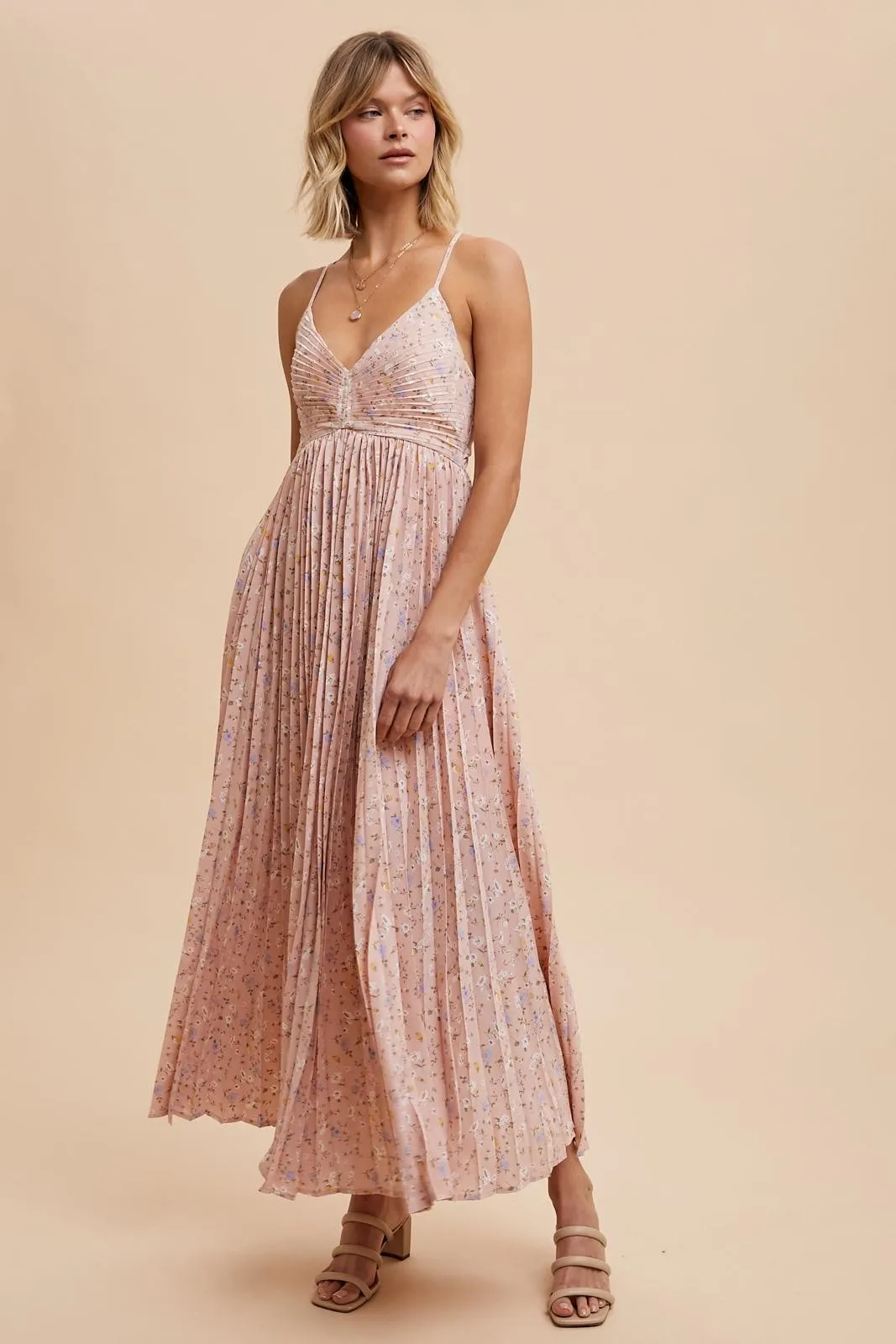 Light Pink Floral Pleated Back Cutout Maxi Dress sold by Pinkblush