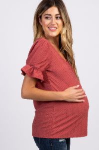 Mauve Swiss Dot Puff Ruffle Short Sleeve Maternity Top sold by Pinkblush