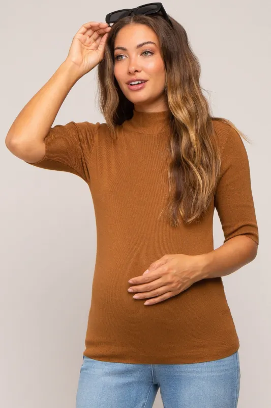 Mocha Mock Neck Short Sleeve Knit Maternity Top sold by Pinkblush