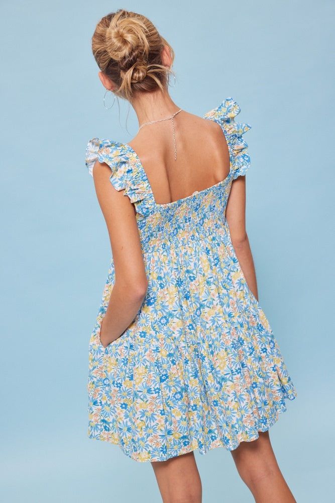 White Blue Flower Print Heart Shape Bodice Baby Doll Dress sold by Pinkblush product image thumbnail 3