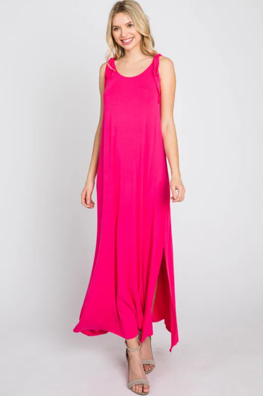 Fuchsia Tie Strap Side Slit Maxi Dress sold by Pinkblush