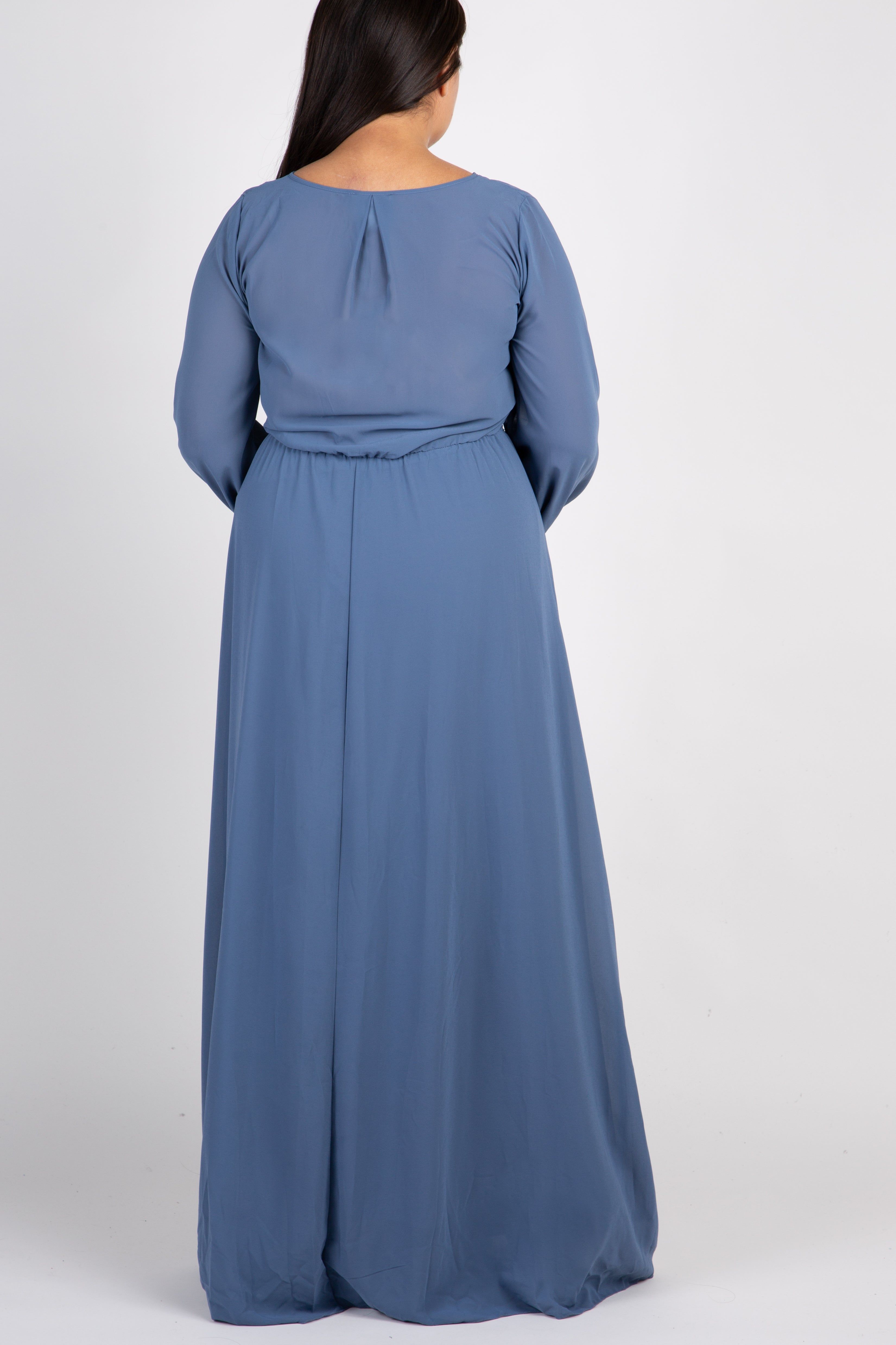 Blue Chiffon Long Sleeve Pleated Plus Maxi Dress sold by Pinkblush product image thumbnail 3