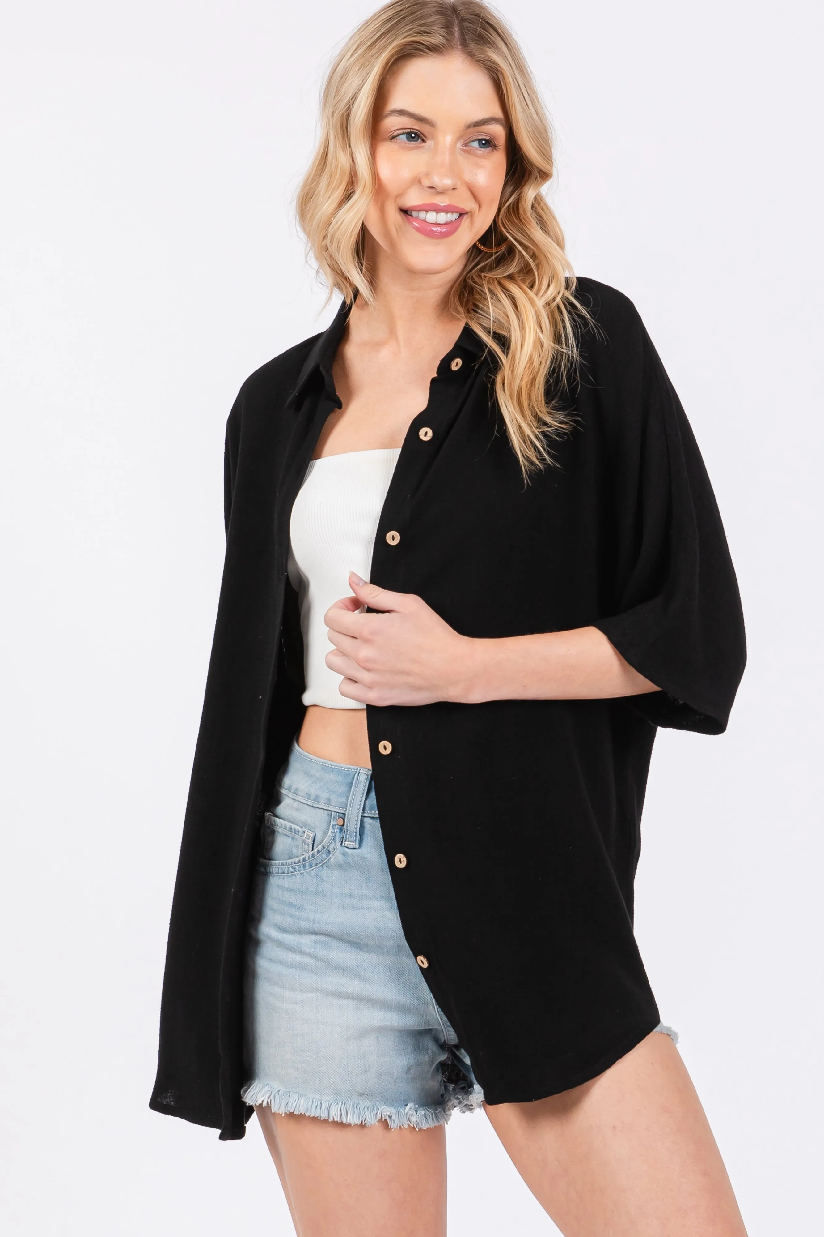 Black Linen Dolman Half Sleeve Button Down Top sold by Pinkblush product image thumbnail 4