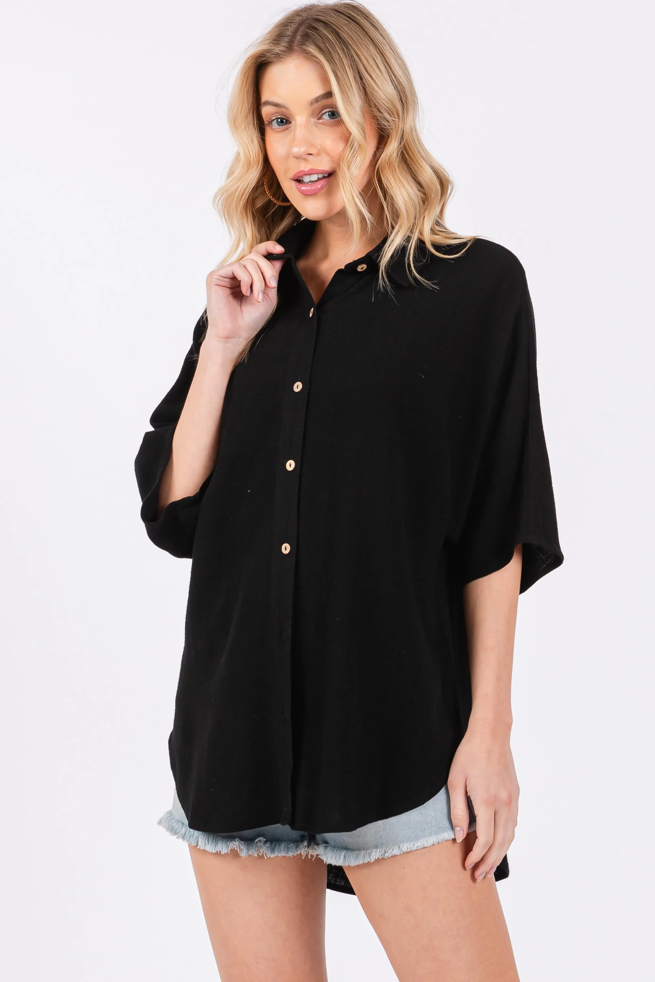 Black Linen Dolman Half Sleeve Button Down Top sold by Pinkblush