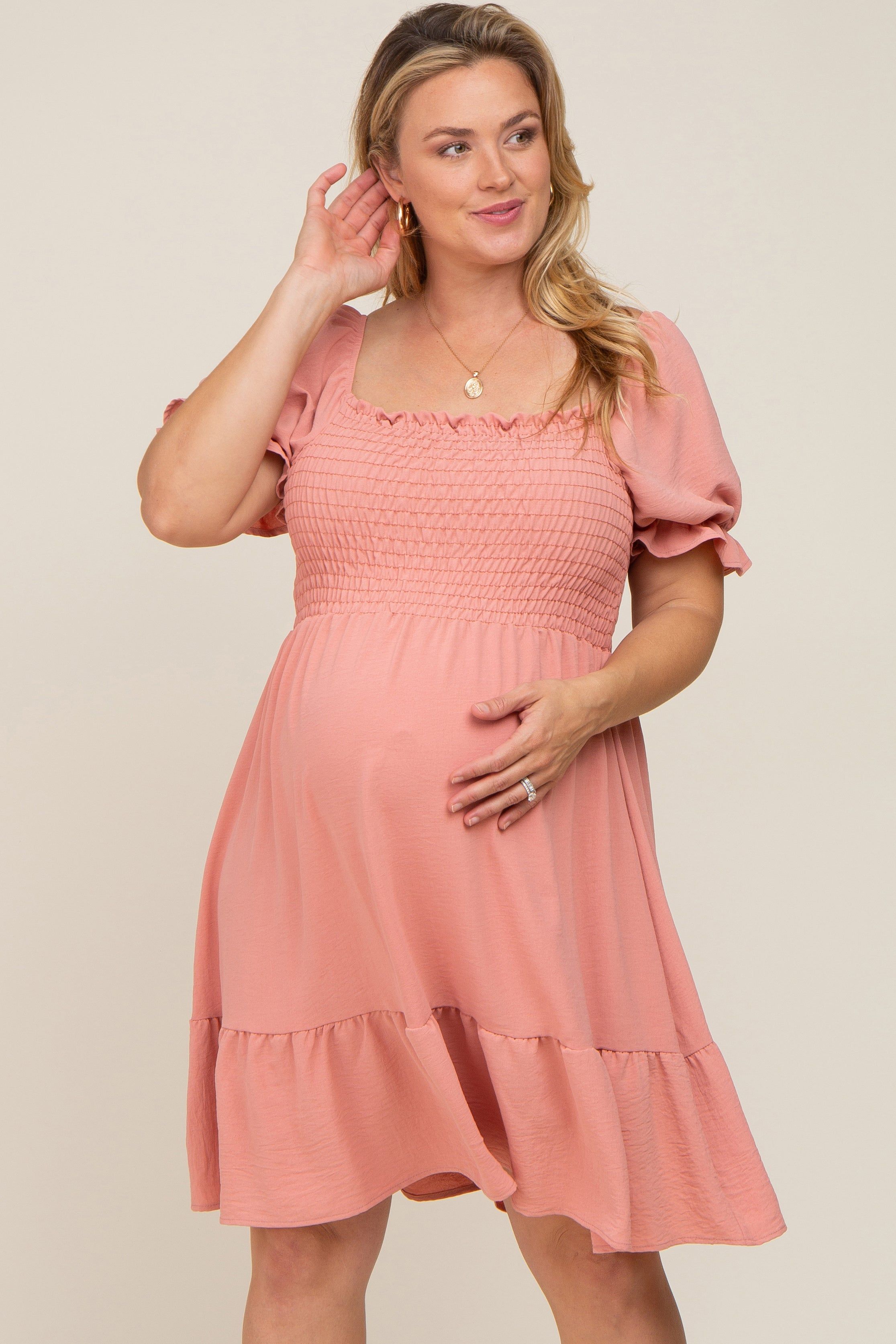 Coral Smocked Ruffle Trim Plus Maternity Dress sold by Pinkblush