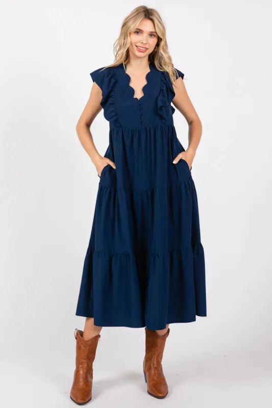 Navy Flutter Sleeve Tiered Midi Dress sold by Pinkblush