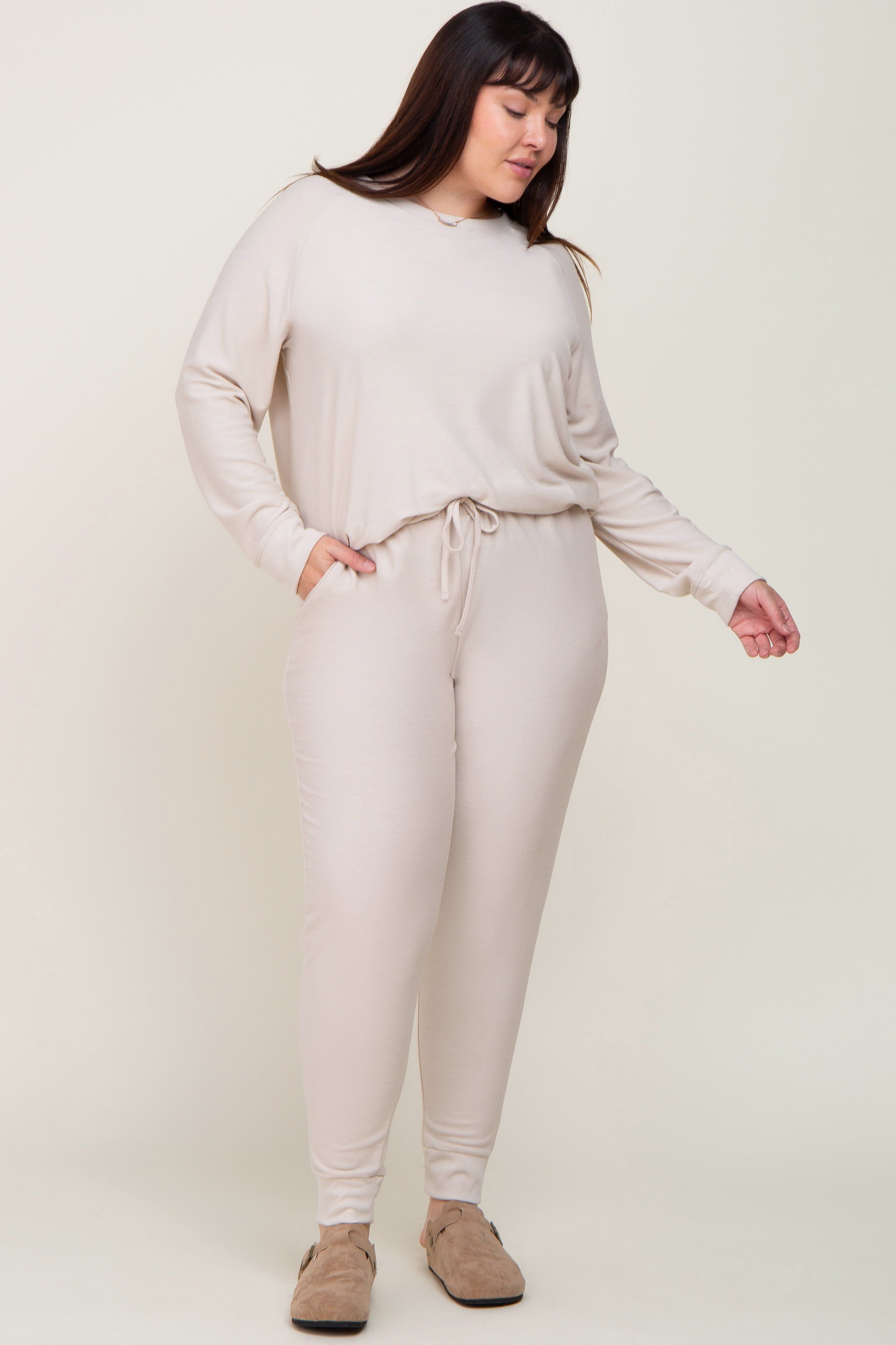 Beige Soft Knit Long Sleeve Plus Set sold by Pinkblush