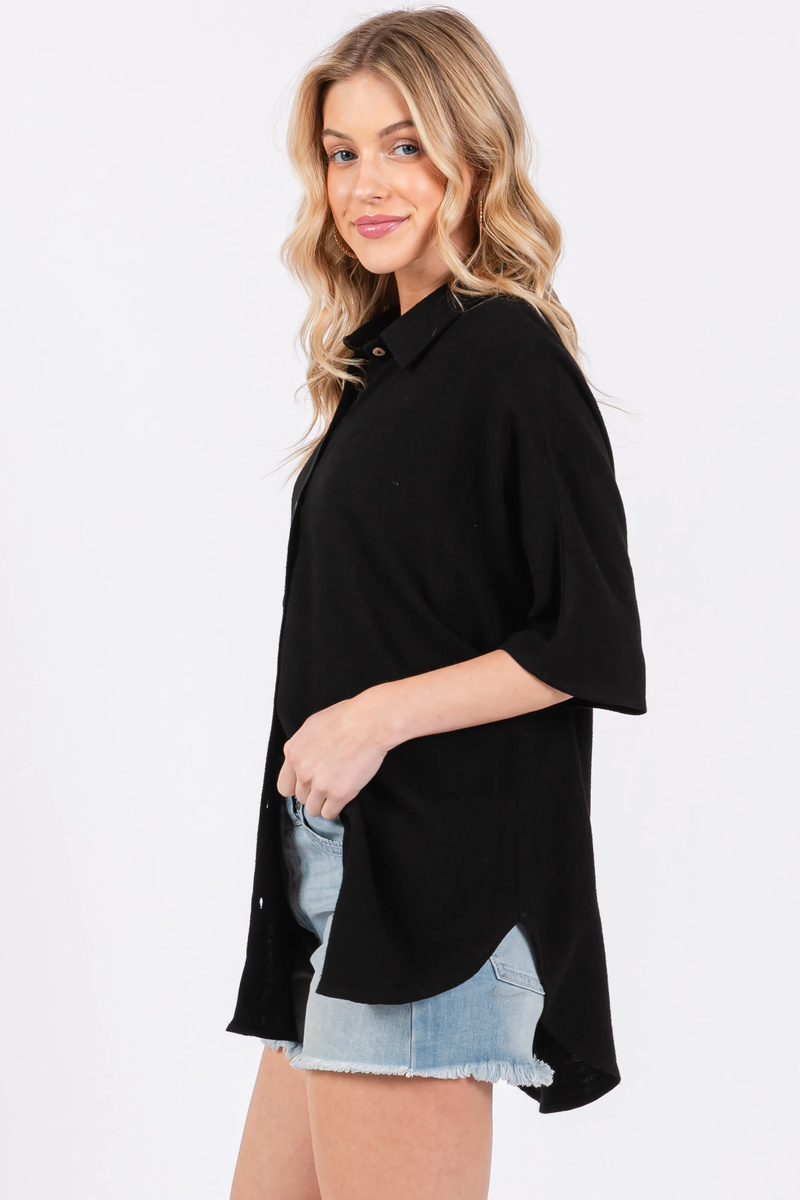 Black Linen Dolman Half Sleeve Button Down Top sold by Pinkblush product image thumbnail 2