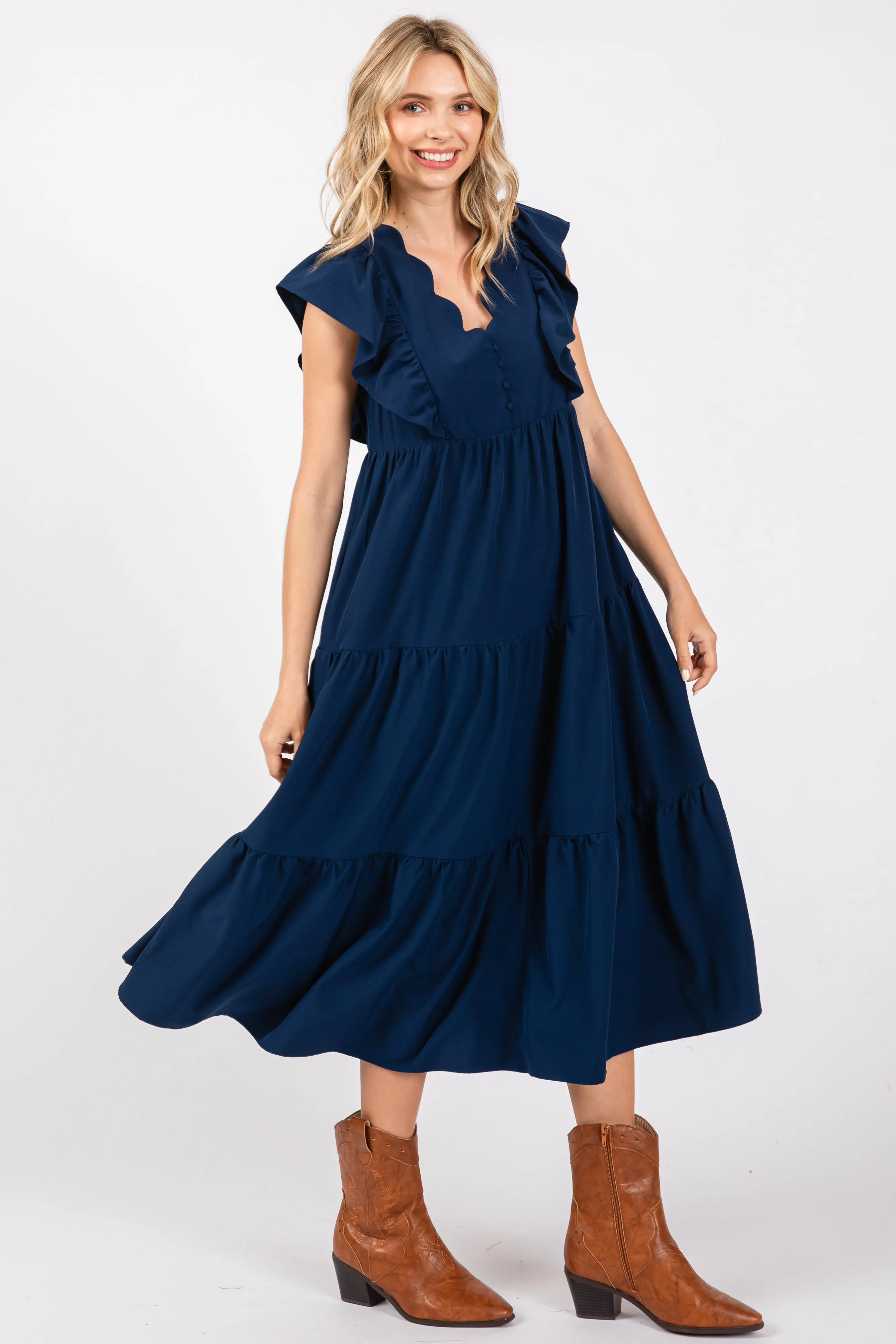 Navy Flutter Sleeve Tiered Midi Dress sold by Pinkblush product image thumbnail 2