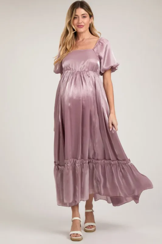 Mauve Satin Square Neck Short Puff Sleeve Maternity Maxi Dress sold by Pinkblush