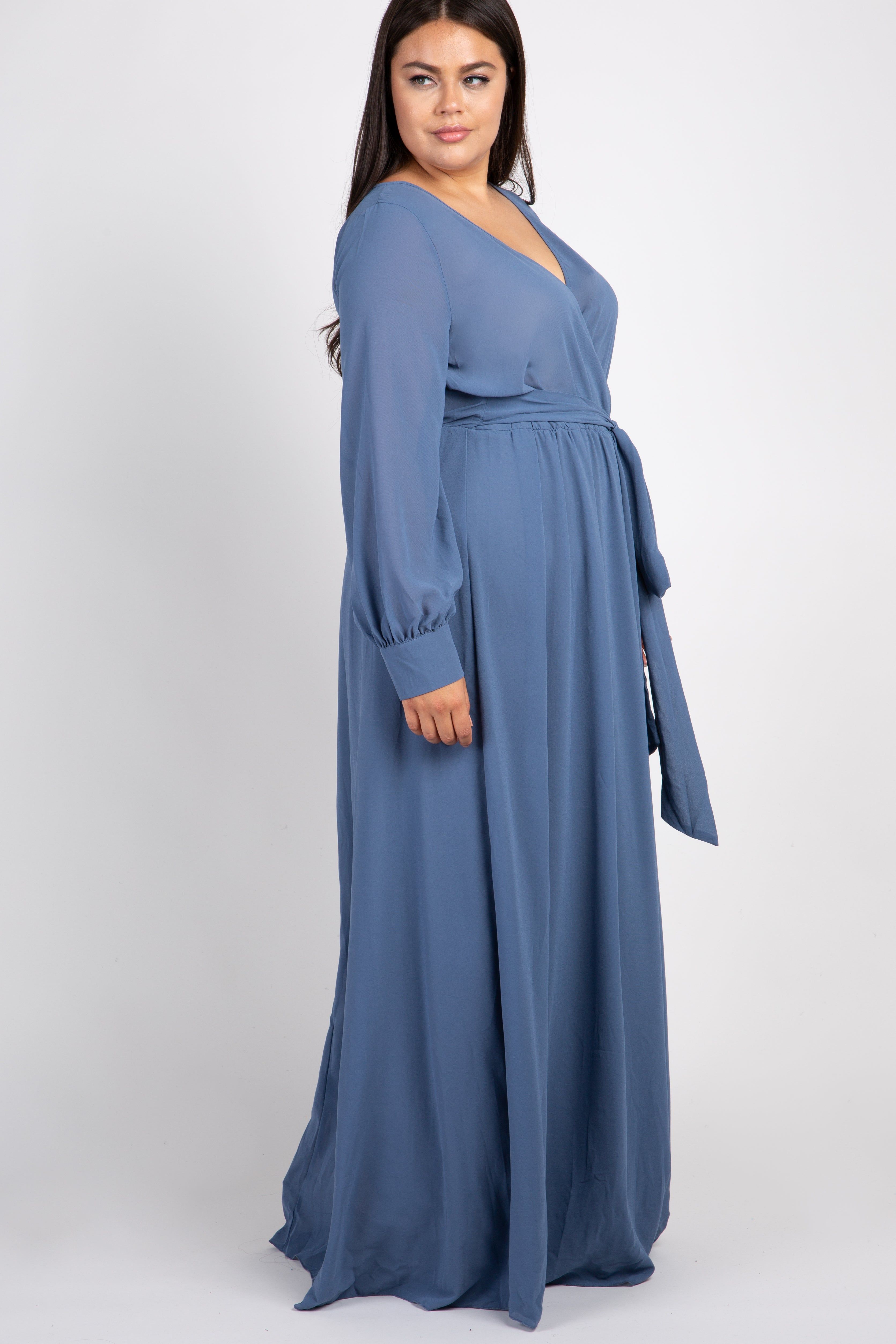 Blue Chiffon Long Sleeve Pleated Plus Maxi Dress sold by Pinkblush product image thumbnail 2