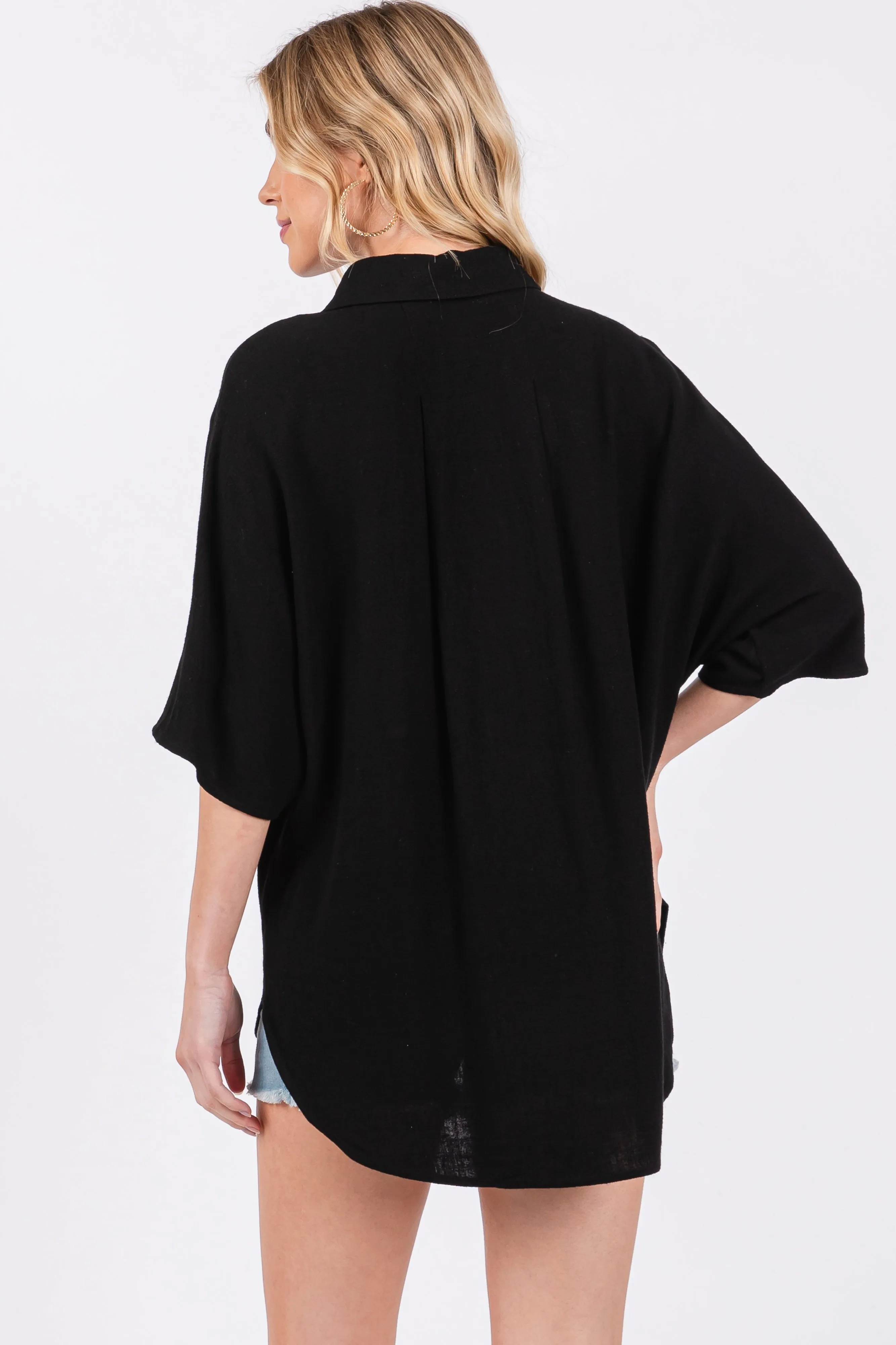 Black Linen Dolman Half Sleeve Button Down Top sold by Pinkblush product image thumbnail 3