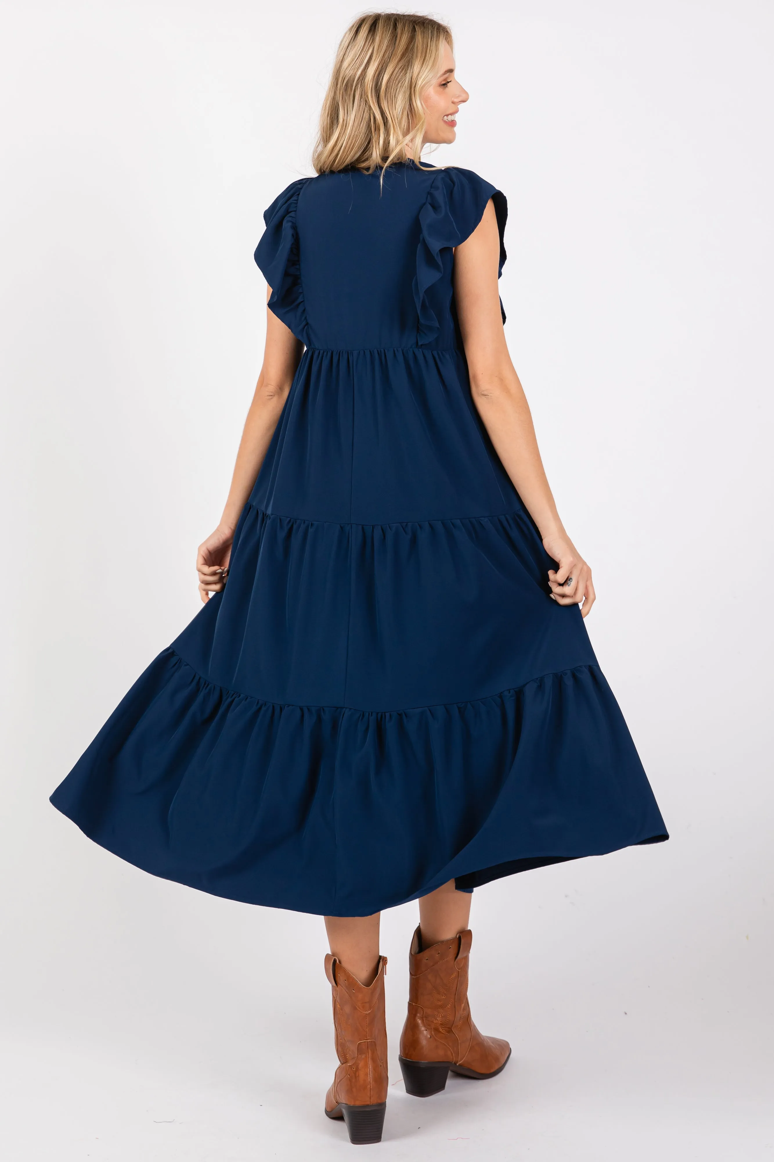 Navy Flutter Sleeve Tiered Midi Dress sold by Pinkblush product image thumbnail 3