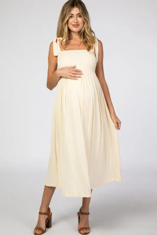 Beige Smocked Tie Strap Maternity Midi Dress sold by Pinkblush