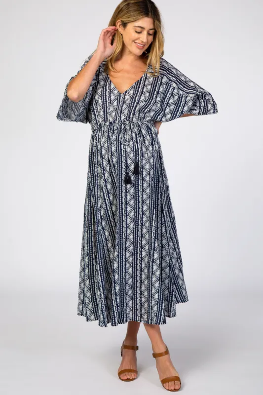 Navy Printed V-Neck Maternity Midi Dress sold by Pinkblush