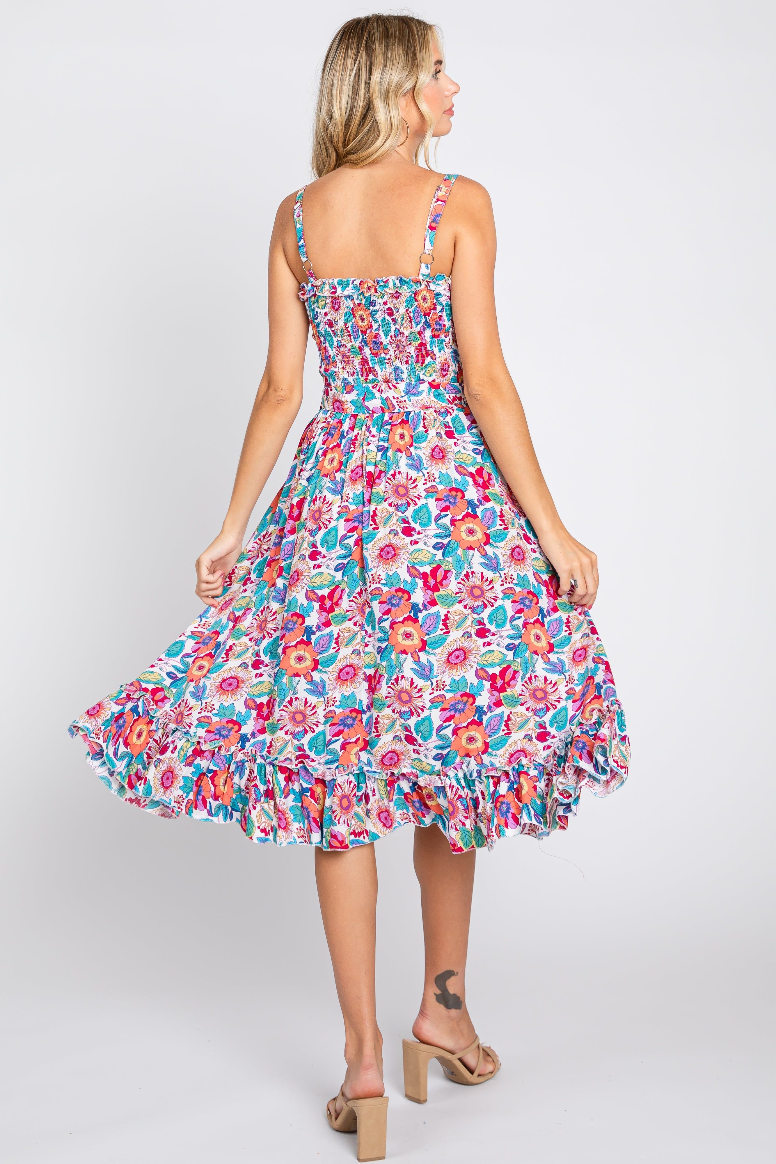 White Floral Smocked Tie Waist Sleeveless Dress sold by Pinkblush product image thumbnail 3