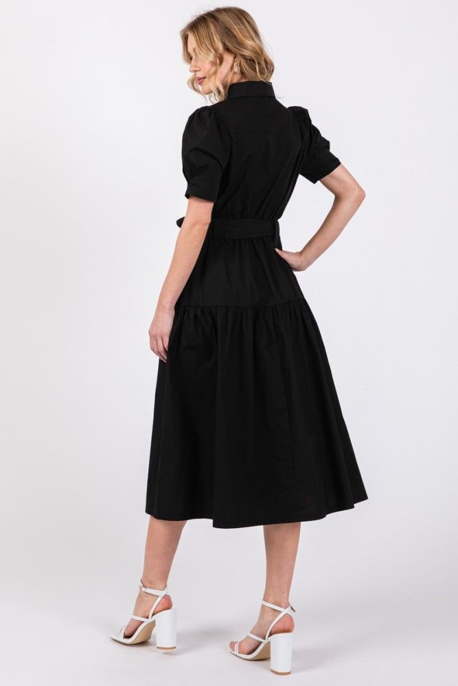 Black Collared Button Top Poplin Tier Midi Dress sold by Pinkblush product image thumbnail 3