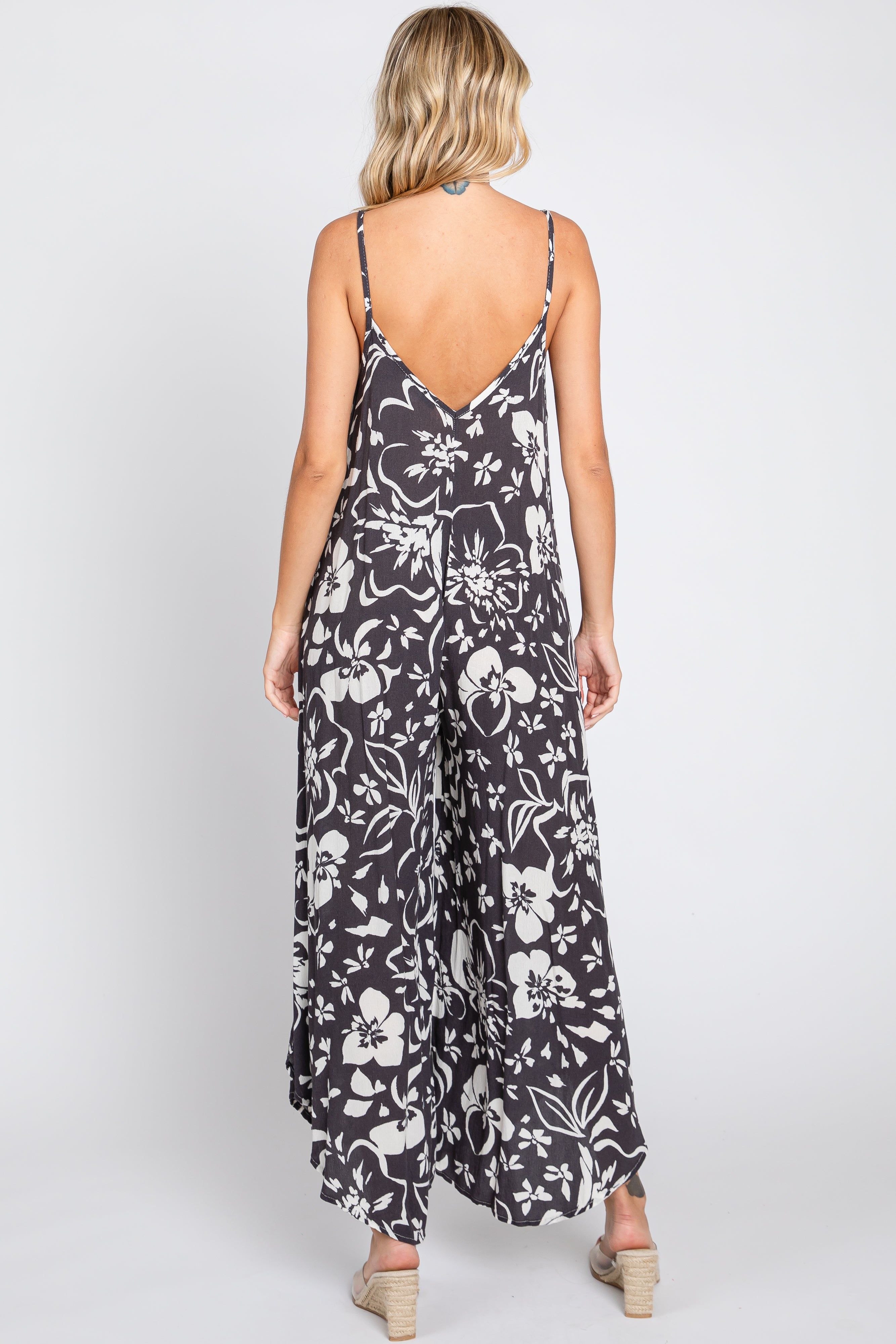 Charcoal Tropical Floral V-Neck Round Hem Jumpsuit sold by Pinkblush product image thumbnail 3