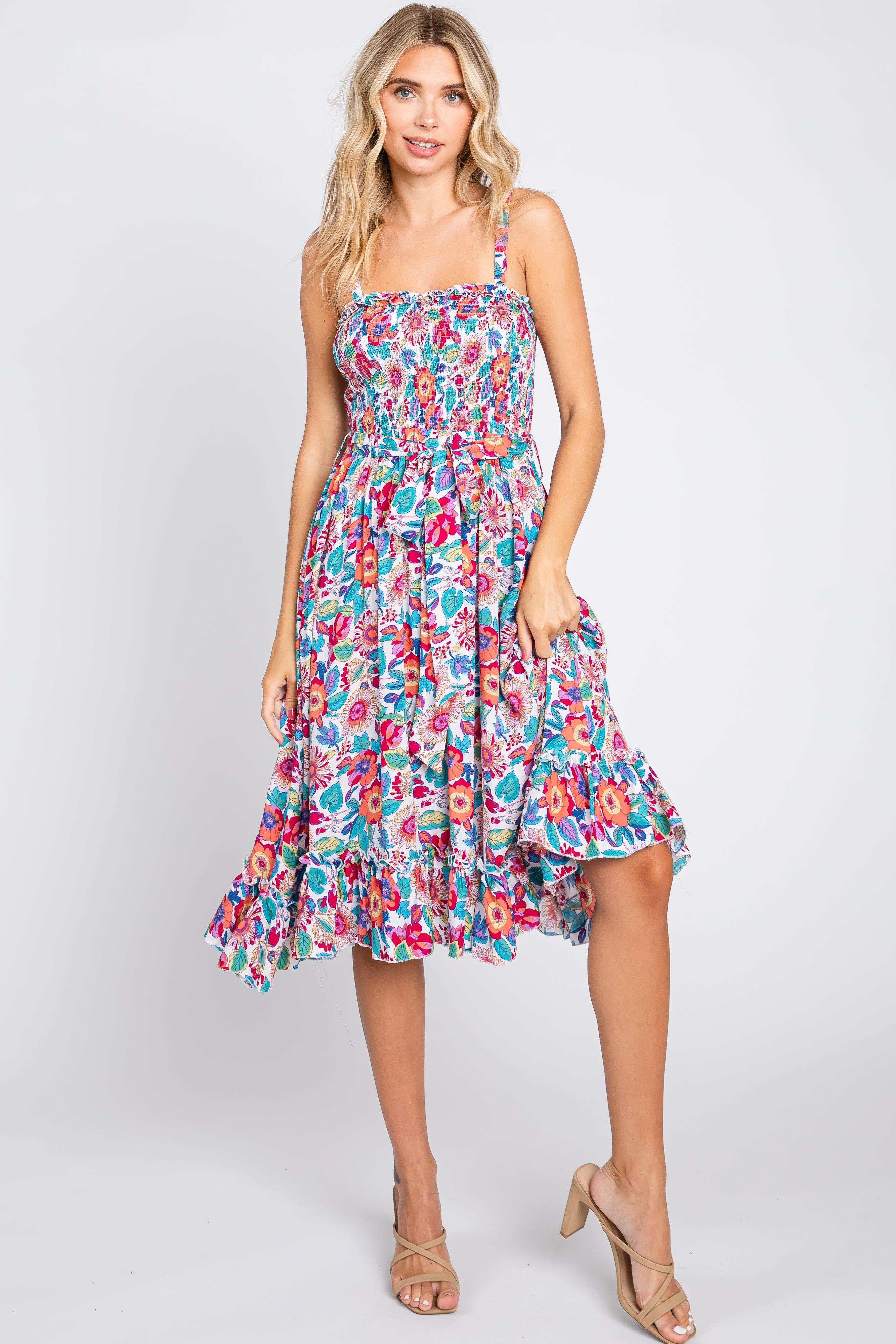 White Floral Smocked Tie Waist Sleeveless Dress sold by Pinkblush product image thumbnail 4